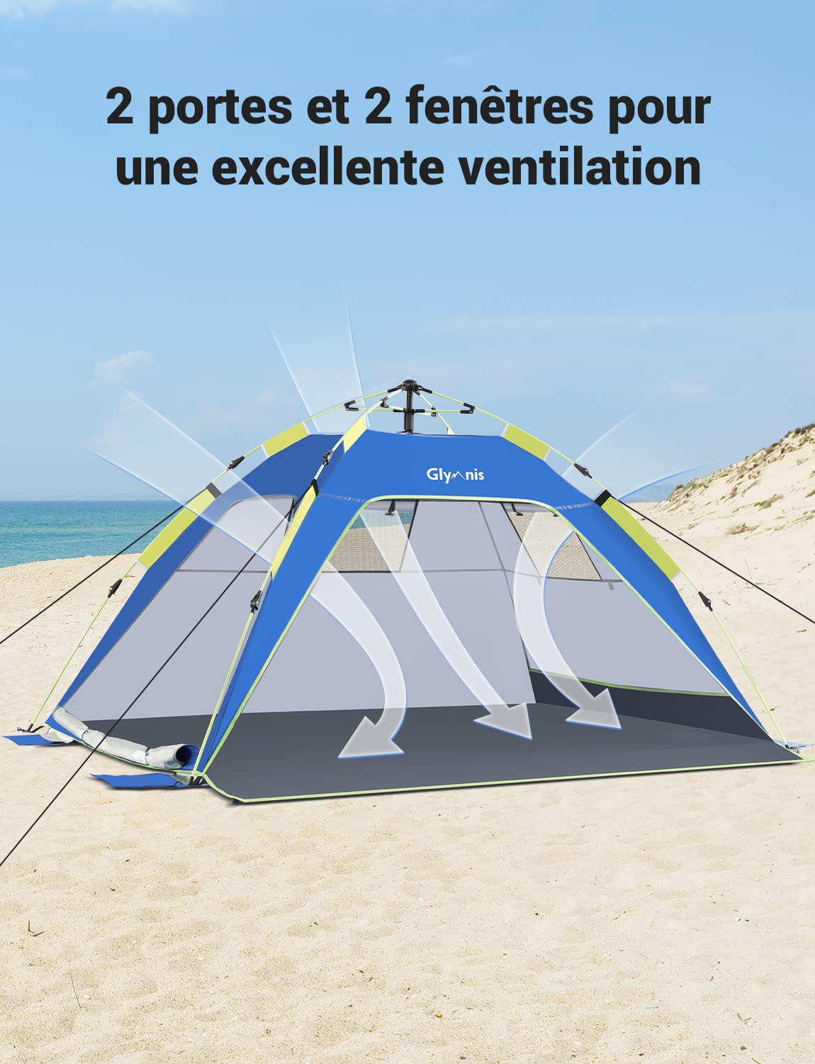 Glymnis Tente de Plage pour 3 à 4 Personnes – Protection Solaire Automatique UPF 50 + Anti-UV – Étanche avec Sac de Transport pour Camping, Plage, Pique-Nique, extérieur, Maison, Jardin, intérieur