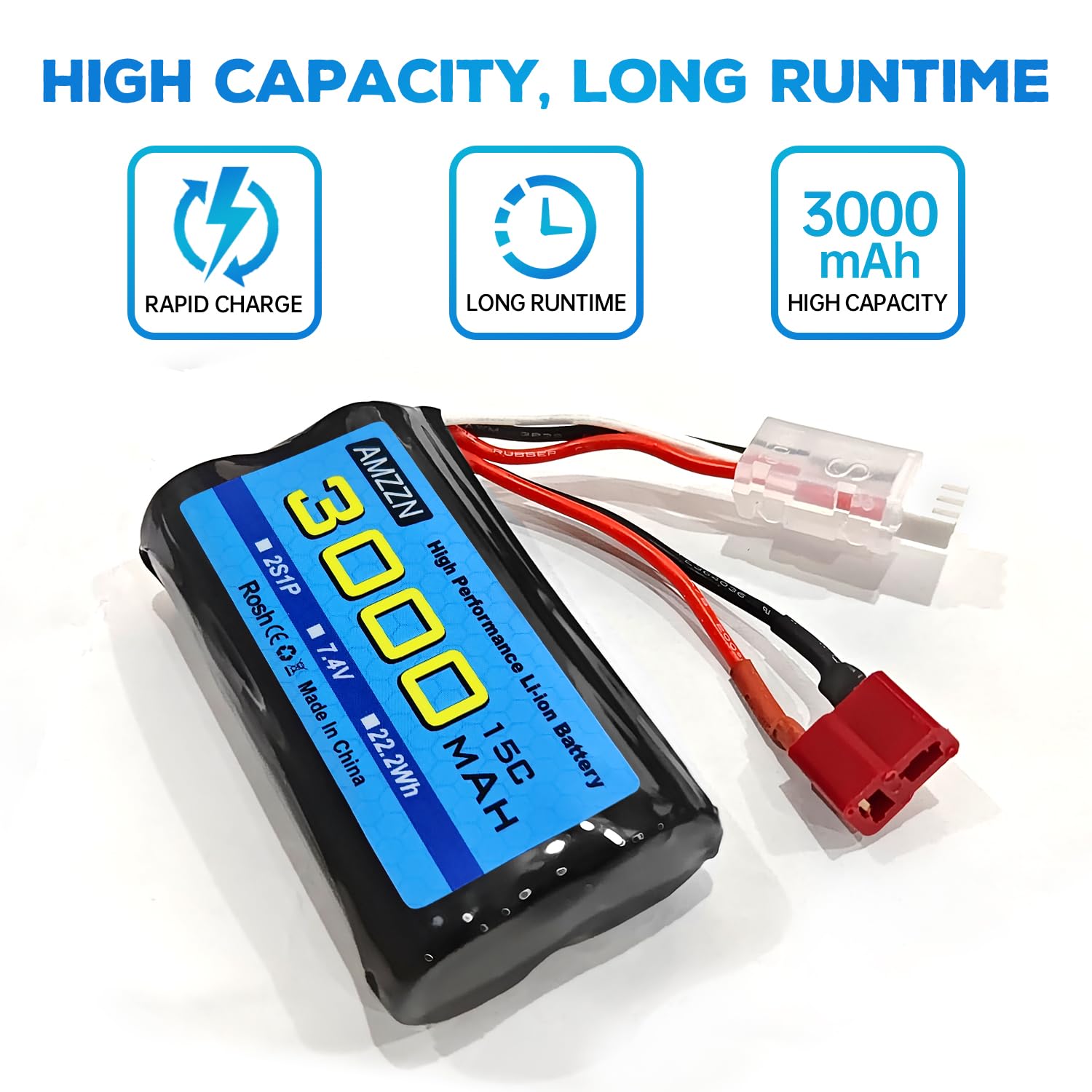 2 baterías de 7,4 V 3000 mAh 15 C 2S en forma de T de iones de litio con cargador 2 en 1 para WLtoys 12423 MJX 14301 14303 14302 H16PL RC coche, camión RC a escala 1/10, 1/12, 1/16