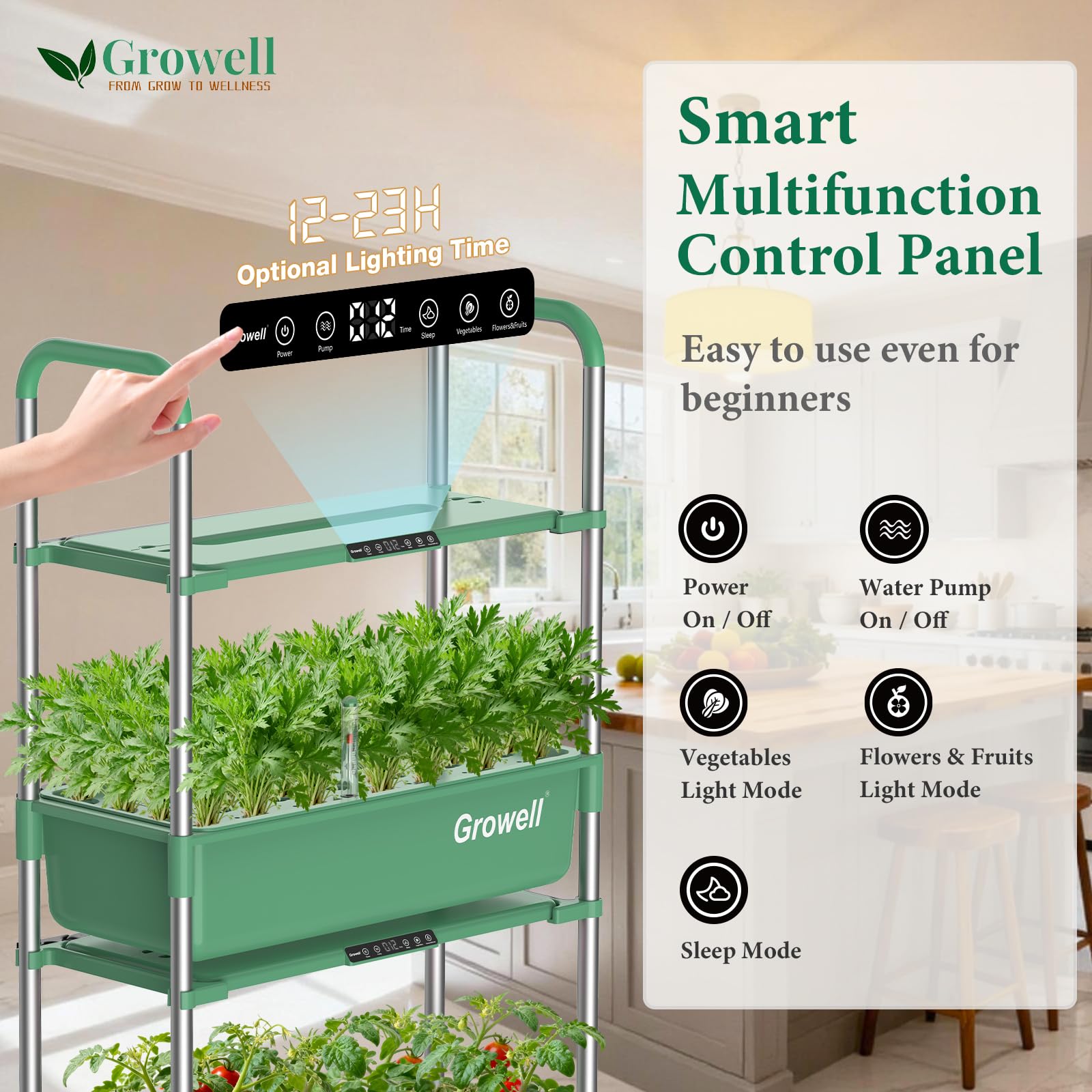 Growell Kit de sistema de cultivo hidropónico, 54 cápsulas, jardín vertical de hierbas para interiores con luz LED inteligente, bomba de agua de circulación automática cada nivel, sistemas de