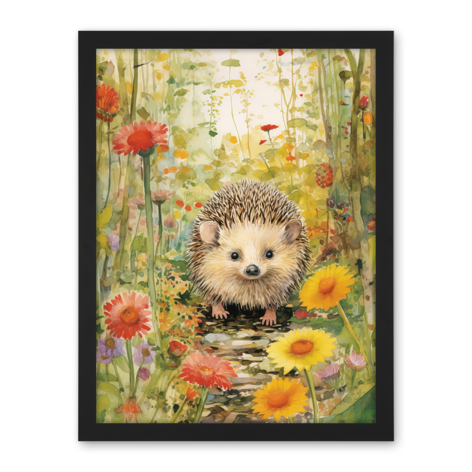 Artery8 Adorable Hedgehog in a Wildflower Meadow Watercolour Painting Kids Bedroom Cute Woodland Creature Artwork Framed Wall Art Print 18X24 Inch