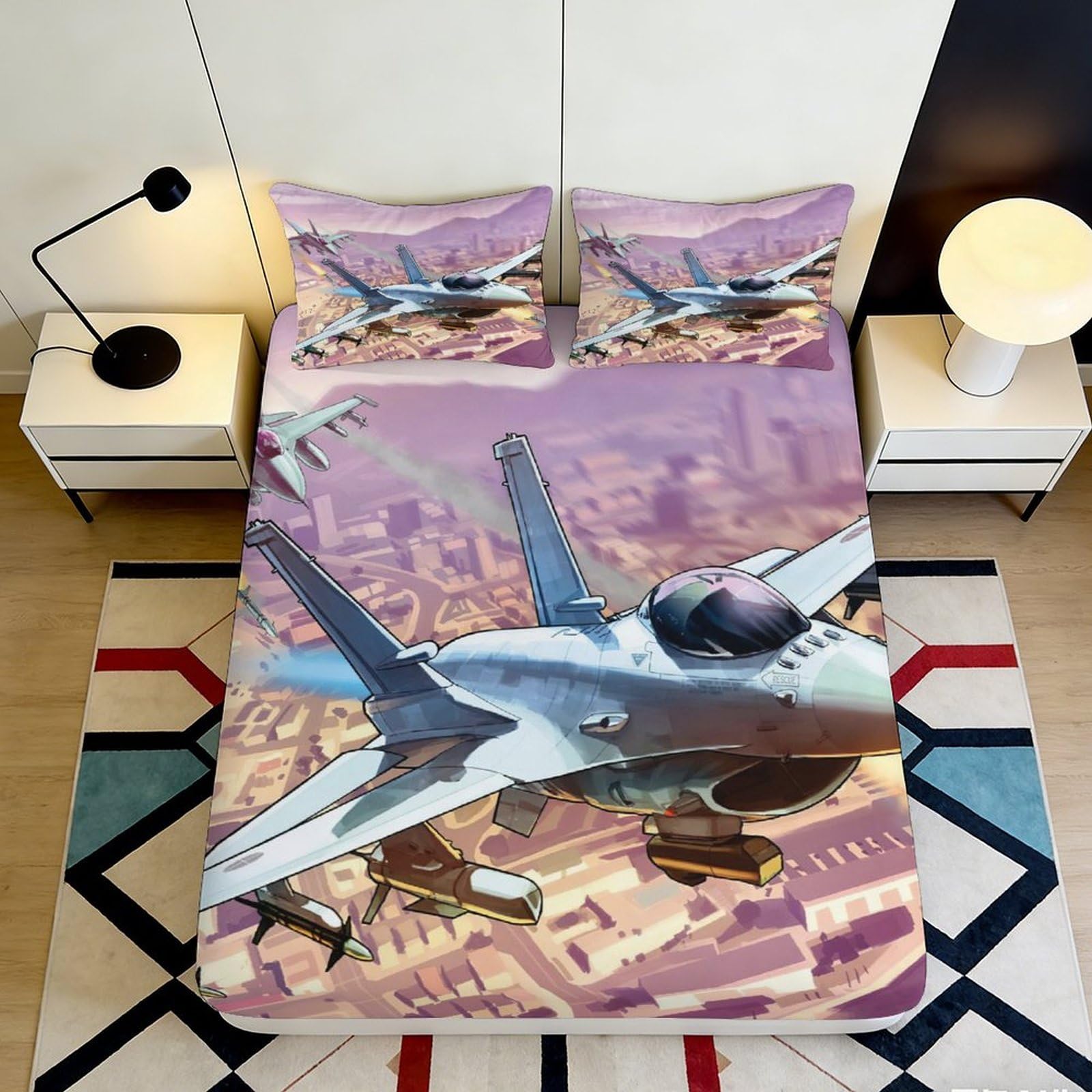 3D Printed Fighter Jet Microfiber Deep Pocket Fitted Sheet Non-Slip Washable Bedroom Bedding Fighter Jet Mattress Fitted Cover 200x200x25cm 90x200x25cm