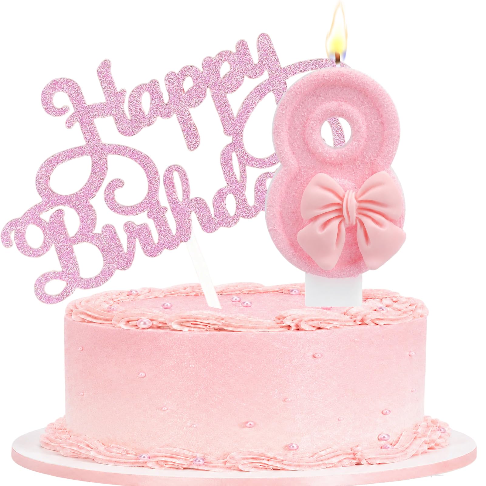 Birthday Candle with Pink Bow Cake Topper for Party, Number 8