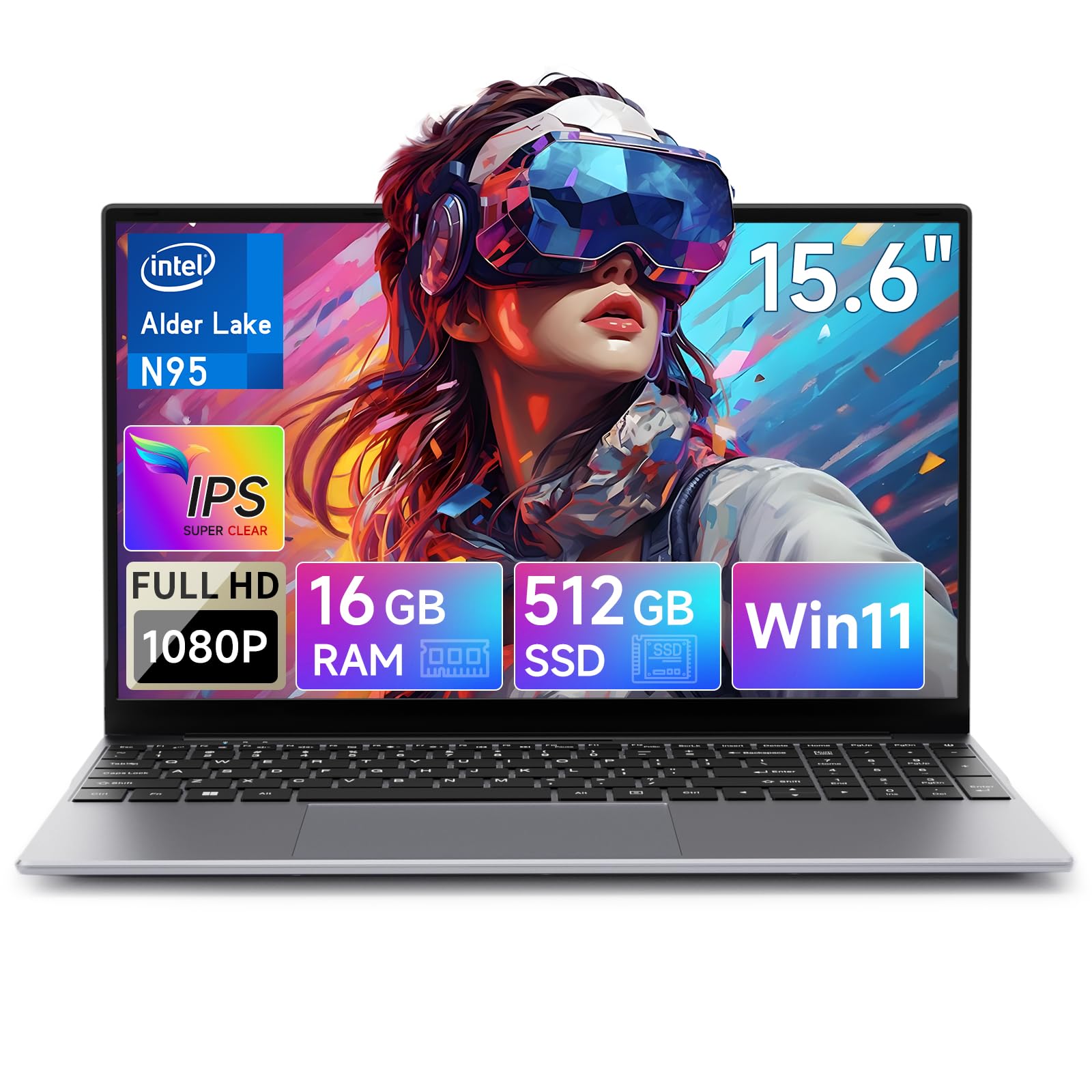 BMAX Ordenador Portátil 15,6 Pulgadas 16GB DDR4 512GB SSD Alder Lake N95 (hasta 3.4Ghz) PC Portátil Win11 Laptop 1920x1080, Mini HDMI, USB 3.2x3, Type C, 5G WiFi, BT5.0 Protege el Teclado Español