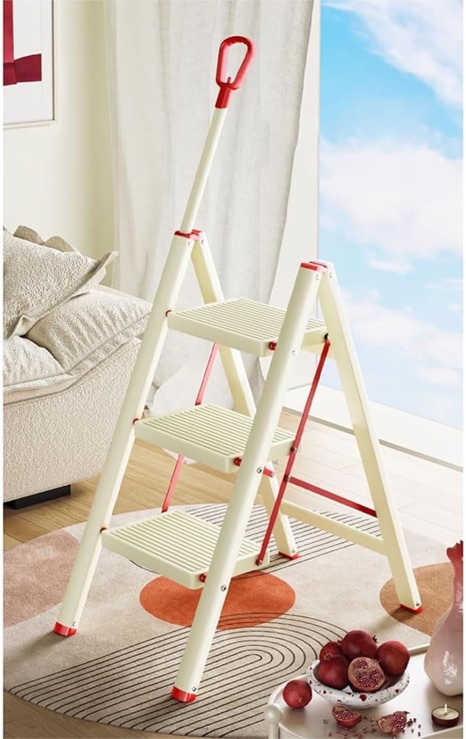 Attic Ladders Step Ladder Household Foldable A-Frame 3-Step Ladder Telescopic Handrail Wide Pedals Climbing Folding Step Stool