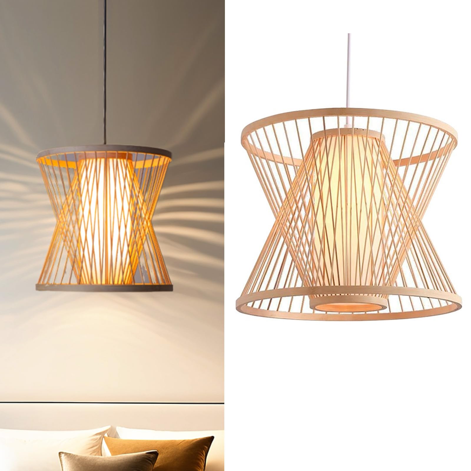 Alpinaluz Hinata Suspension en osier naturel – Style japonais oriental fait à la main – Abat-​jour double couche Ø30 cm en bambou – Culot E27 pour salon, salle à manger ou chambre
