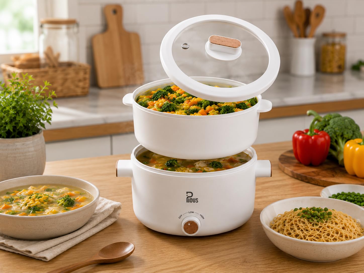 Pious Compact & Travel Friendly 2 Litre Multipurpose Steamer | Dual Power Kettle Non Stick Pot for Boiling Water, Milk, Tea, Coffee, Cooking Noodles, Rice, Soup & Baby Food | White-image-14