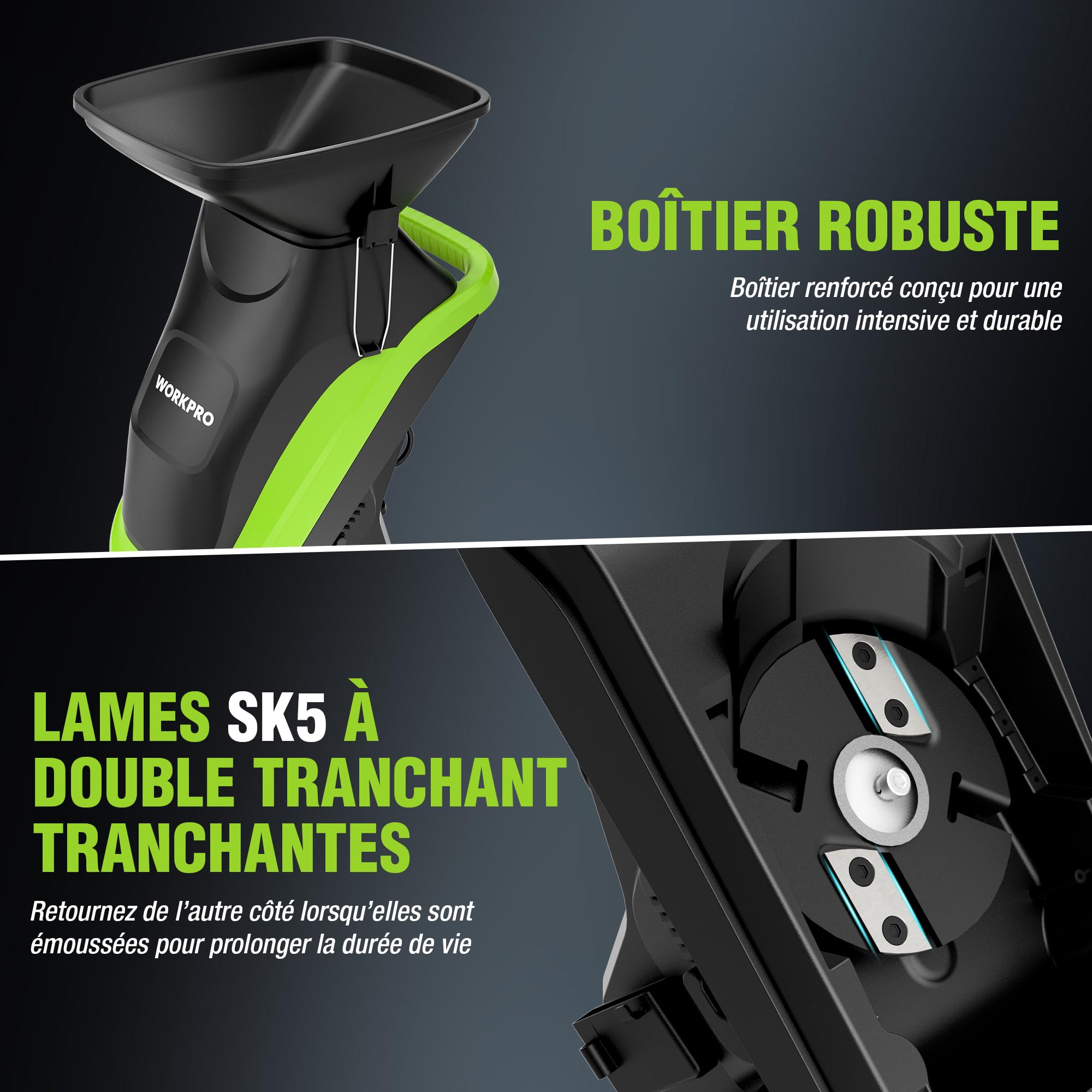 WORKPRO Broyeur de Végétaux Électrique 2500W, Coupe Max Fresh Branches 44 mm, Branches Sèches 30-35 mm, Lames SK5 Double Tranchant, 2 Sacs 45L, Trémie 7L, avec Sécateur et Roues 18 cm