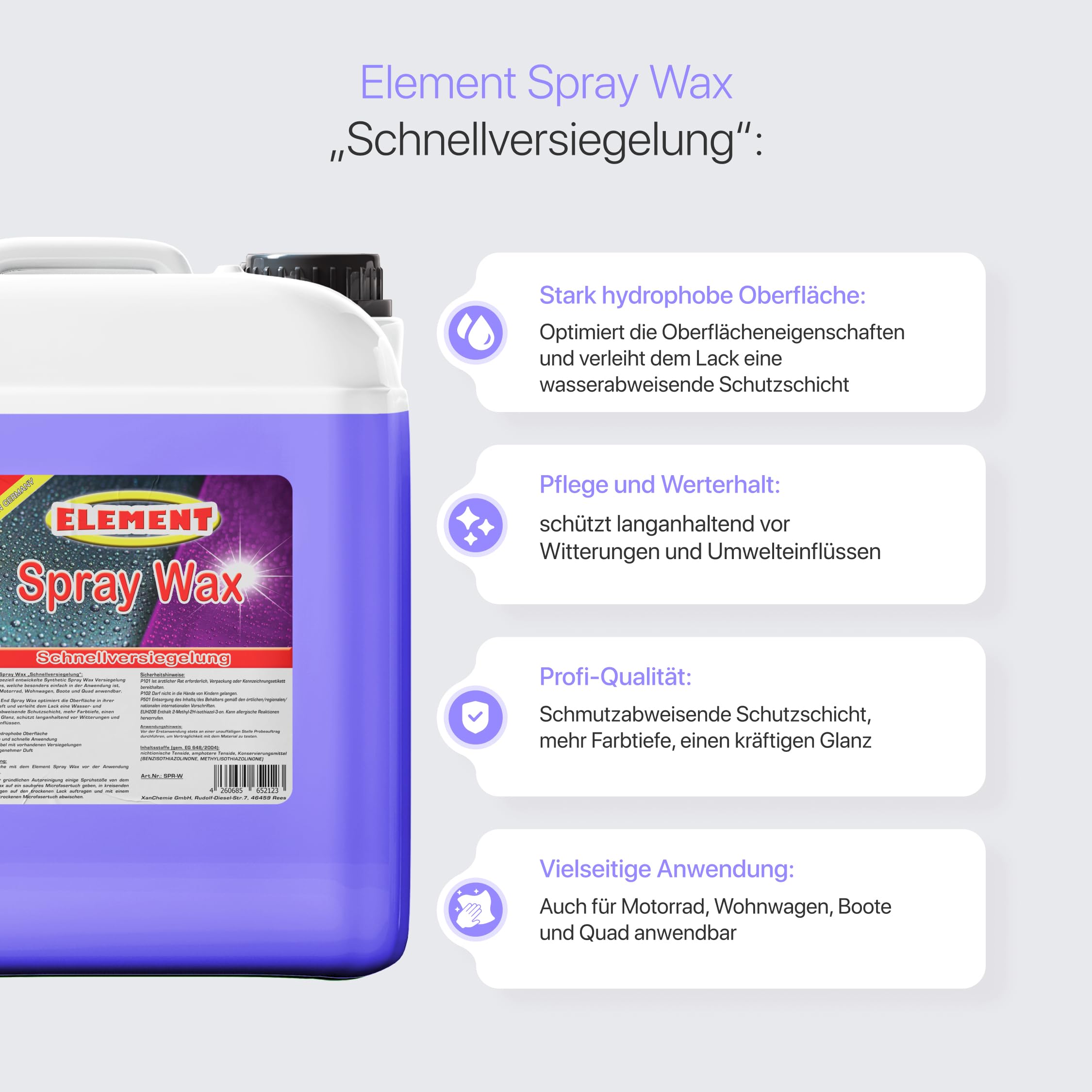 Element Sprühwachs Spray Wax 10L mit Abperleffekt | Synthetic Spray WAX | Autopflege für Glanz & Schutz | Sprühversiegelung | Schnellwachs Autowachs