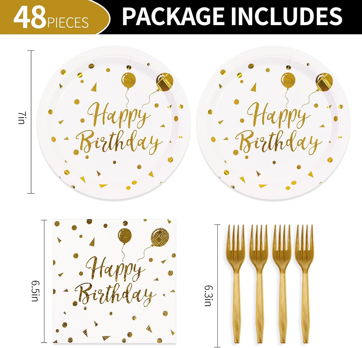 48PCS Happy Birthday Plates and Napkins Party Supplies, White and Gold Disposable Paper Plates and Napkins with Forks Tableware Set for Birthday Party Decorations 16 Guests - Image 2