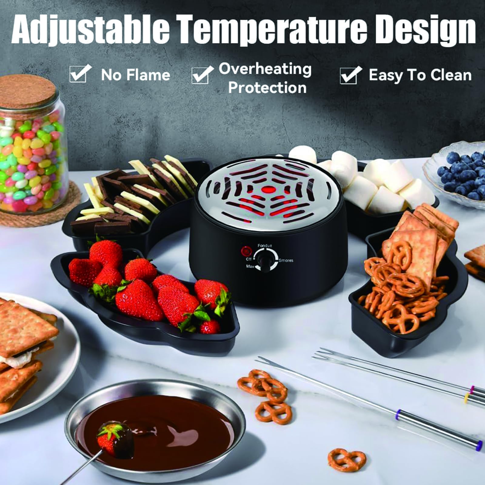 Set 2-en-1 S'Mores & Fondue de Chocolate – Tostador Eléctrico de Malvaviscos de 280W con Control de Temperatura & 14 Accesorios, Kit Indoor para S'Mores para Fiestas, Noches de Cine & Regalos