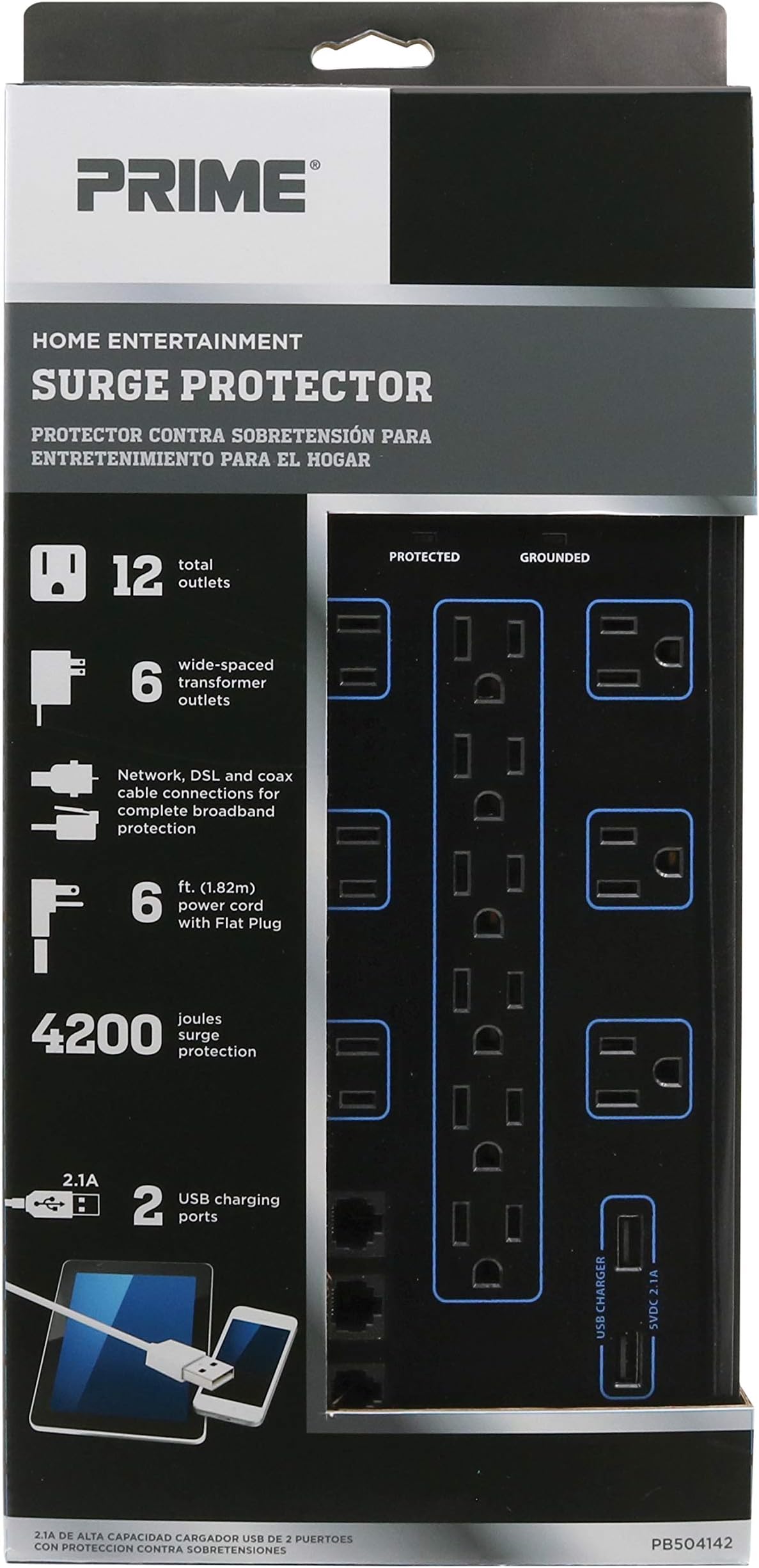 Prime Wire & Cable PB504142 12-Outlet Premium Electronics with 14-3 SJT 6-Feet Cord, Black