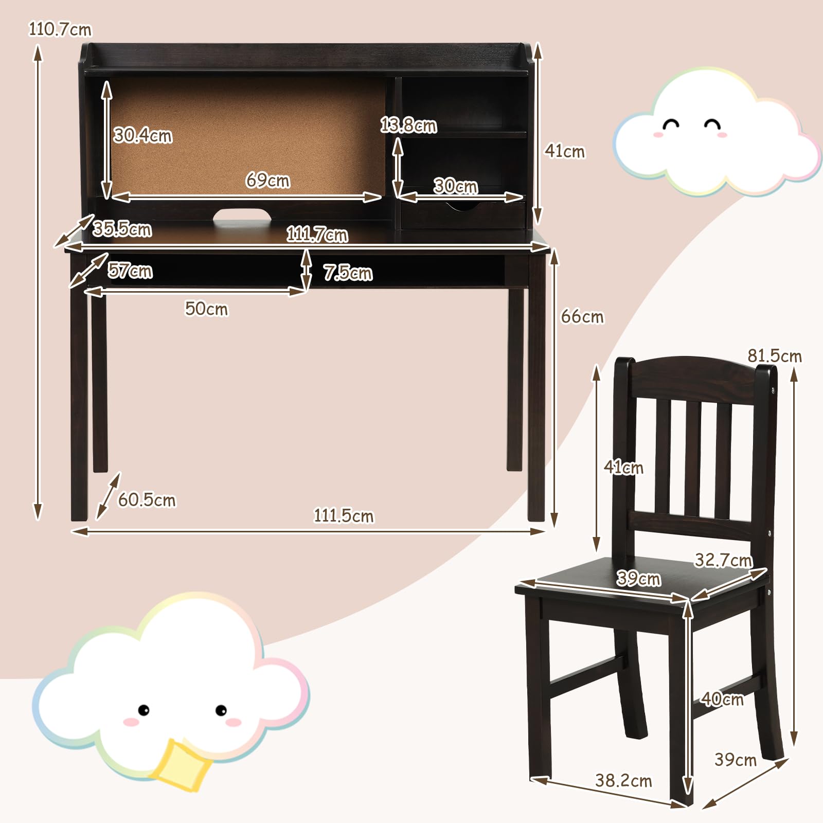 LIFEZEAL Kinderschreibtisch mit Stuhl Set, Multifunktionaler Kinderlerntisch Holz mit Regal & Schublade & Pinnwand, Tischset und Stühle Schüler für Kinderzimmer (Braun)