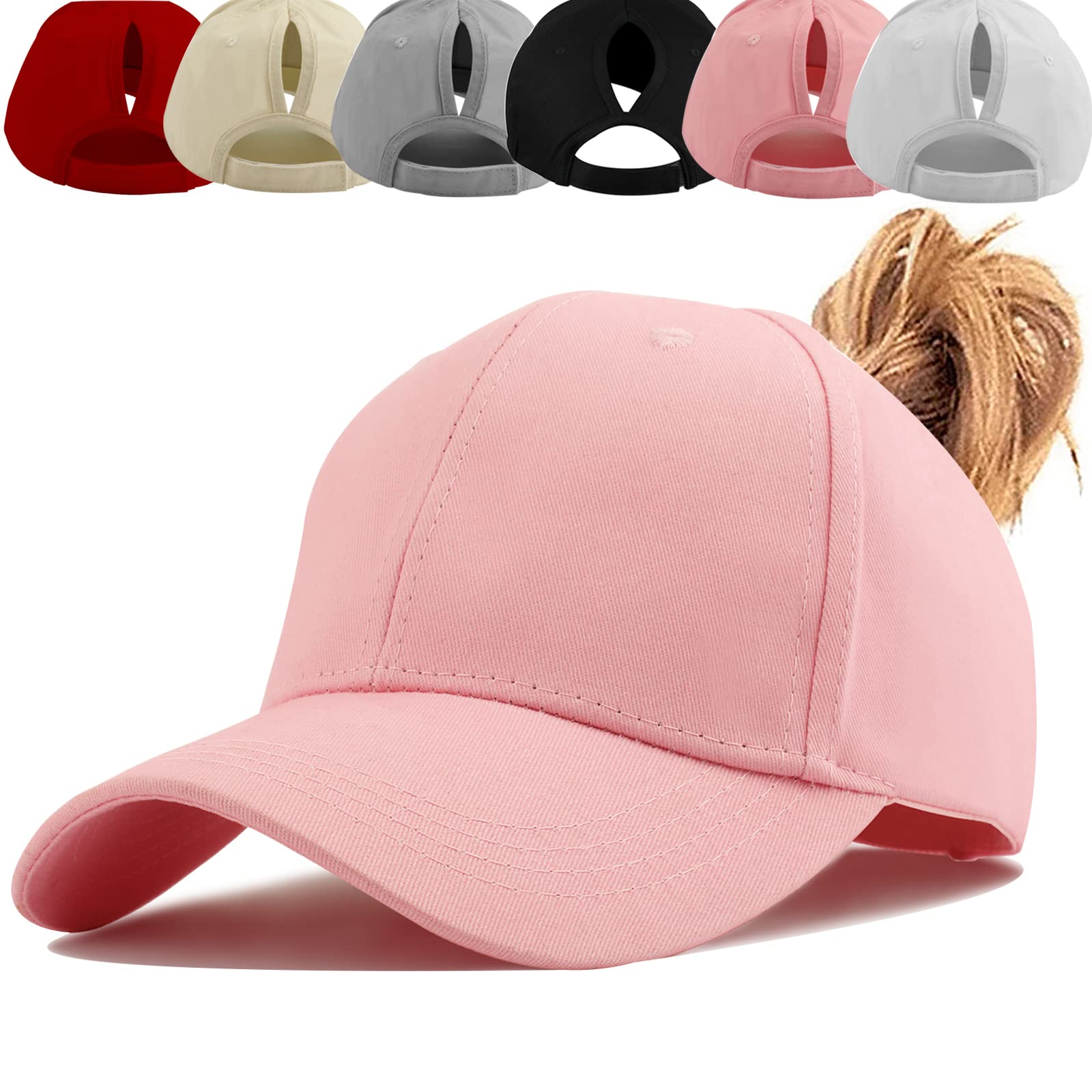 Baynetin Womens Ponytail Hat Baseball Cap,Unisex Adjustable High Messy Bun Ponycap,Classic Solid Color Outdoor Hats with Pony Hole Loop (Pink)