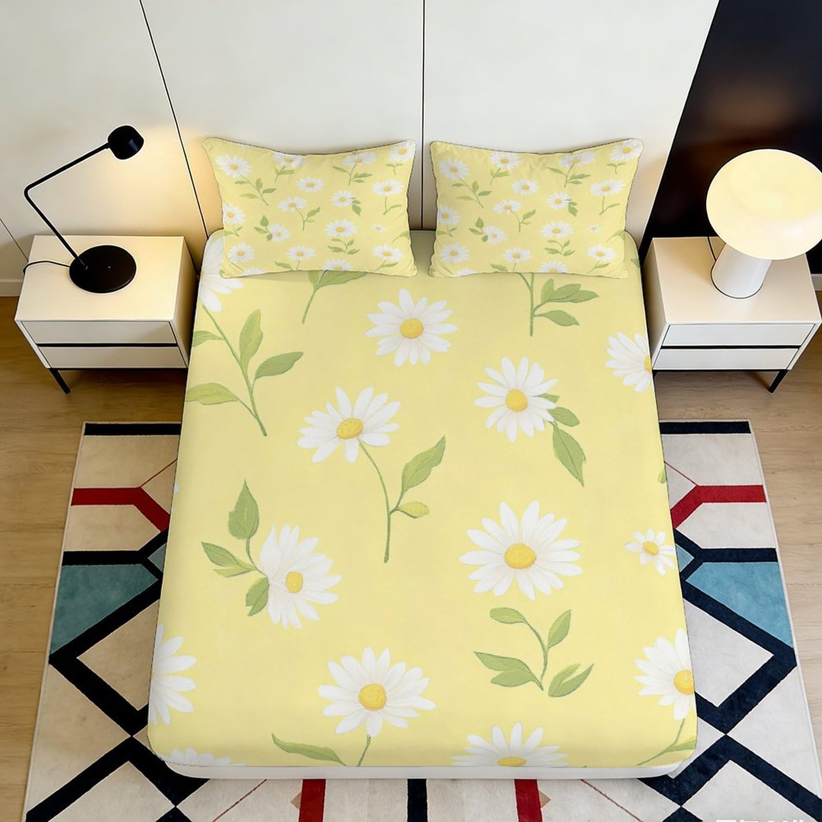 3D Printed Yellow Daisy Fitted Sheet Microfiber Soft Breathable Floral Bed Cover for Bedroom Dormitory Guest Room Mattress Protection Decoration 200x200x25cm