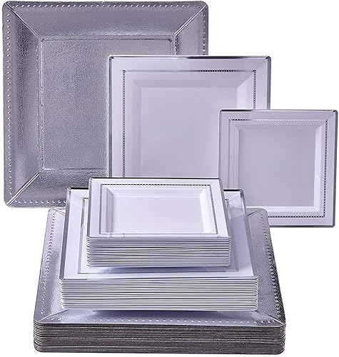 Miniatura 1 de Juego de vajilla todo incluido  Diseño cuadrado  80 platos cargadores, 80 platos llanos y 80 platos laterales (plateado)