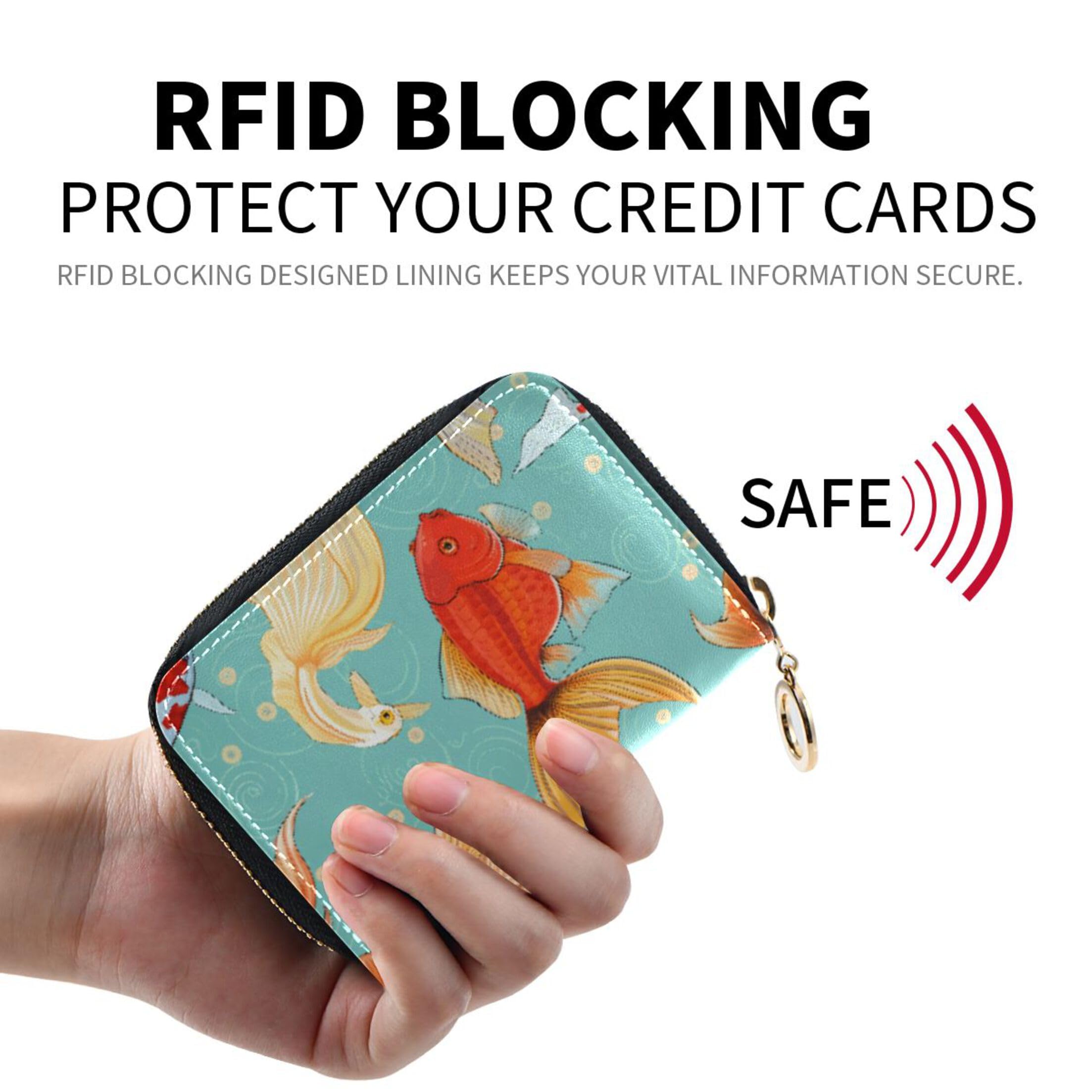 Burbuja Goldfishes Credit Card Holder for Women Men RFID Blocking, Leather Accordion Zipper Card Case Wallet 11 Slots