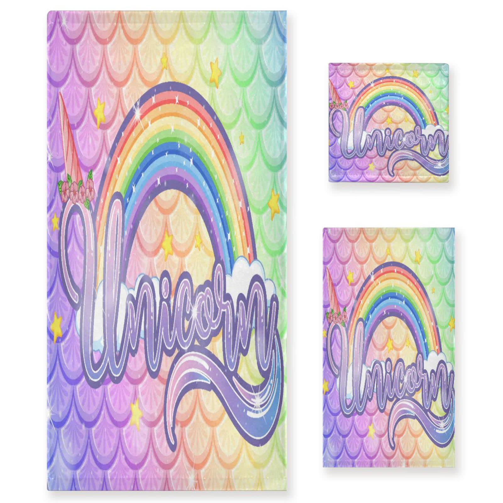 Unicornios Arcoíris Sirenas Lindas Juego de Toallas para Baño Playa 100% Algodón de Piscina Toalla (1 Toalla de Baño y 1 Toalla de Mano y 1 Paño de Lavado) para Nadar Hotel Niñas Niños Niños