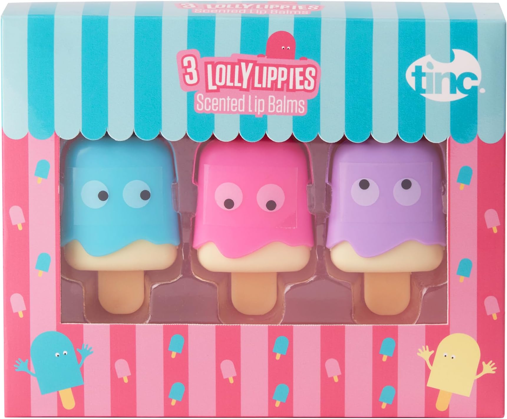 Tinc Lolly Lip Balms for Kids Flavoured Ice Design Scents, Candy, Vanilla, Rose, Keeps Lips Moist, Perfect Party Bag Treat, 3 Flavours, Pink Liplolmu, 10.5 g, 3 Count