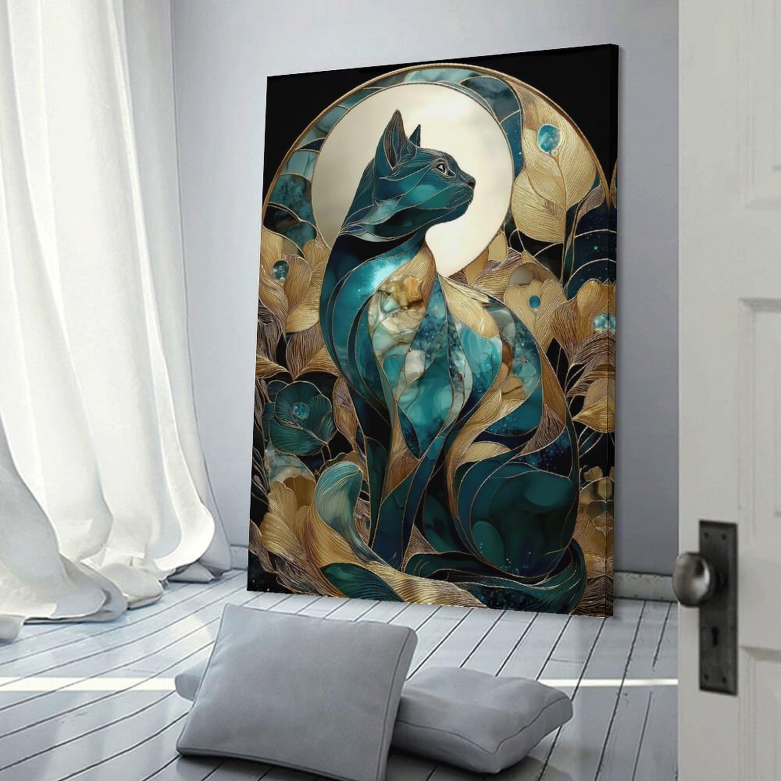 Junmoney Canvas Wall Picture Elegant Teal And Gold Cat Art, 24x36inch(60x90cm), for Study, Office Or Focused Interiors, Wall Art That Adds Style to Work Areas