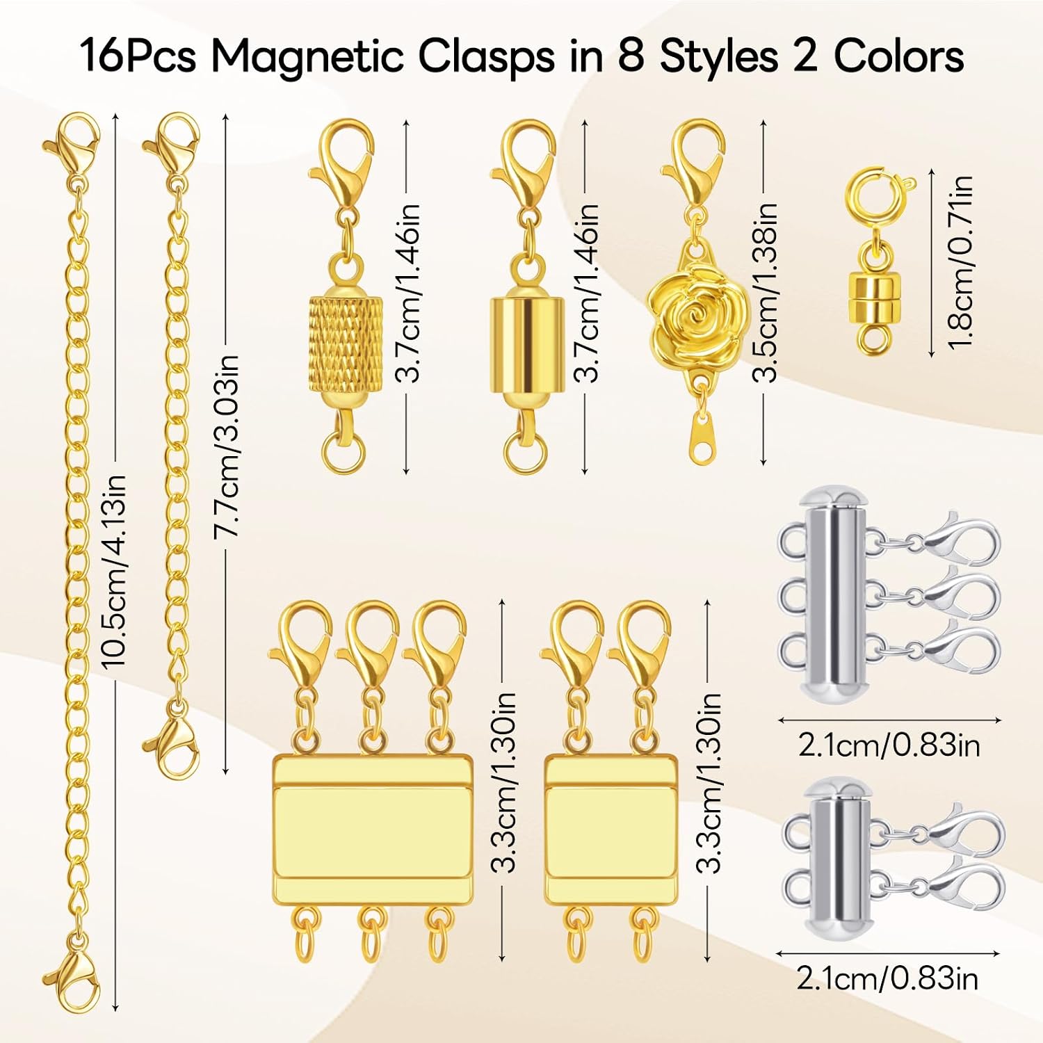 16 Pcs Magnetic Jewelry Clasps and Necklace Layering Clasp Necklace Extenders Gold Silver,Multiple Sizes and Styles Chain Extenders Magnetic Clasps for Jewelry Necklace Bracelet