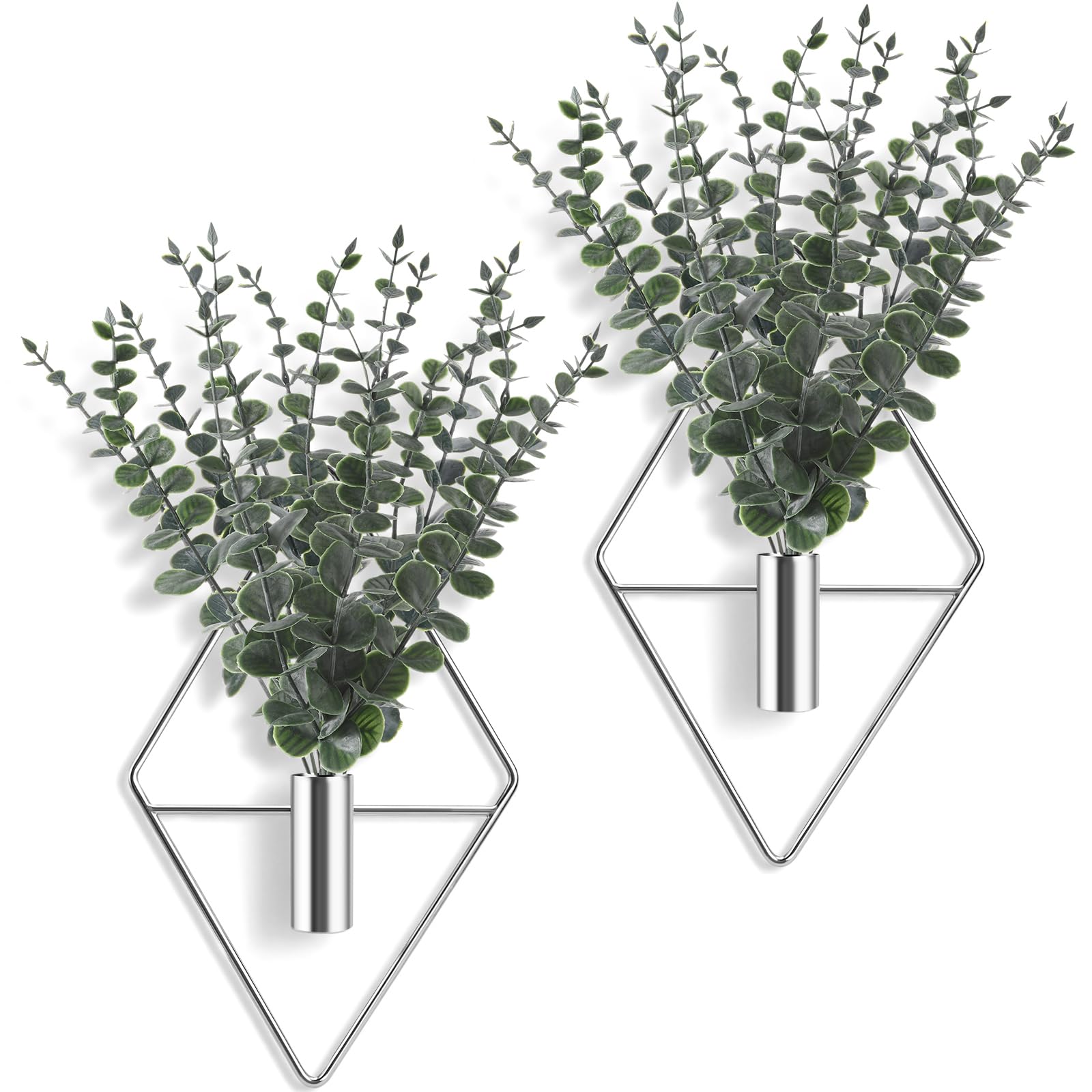 Jexine 8 Pcs Hanging Planters with Artificial Eucalyptus Metal Hanging Vase Indoor Plants Holder Modern Geometric Boho Bathroom Wall Decor for Living Room Home Office (Eucalyptus,Silver)