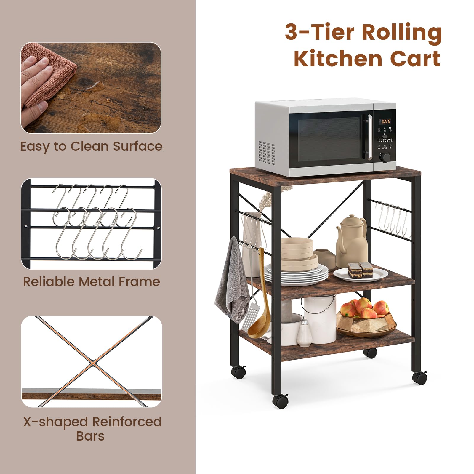 KOMFOTTEU Carrello da Cucina con Rotelle, Carrello a 3 Livelli con Ripiani Regolabili e 10 Ganci a S, Carrello di Servizio in Legno e Metallo, Carrello Multiuso per Ufficio Cucina (Industria)