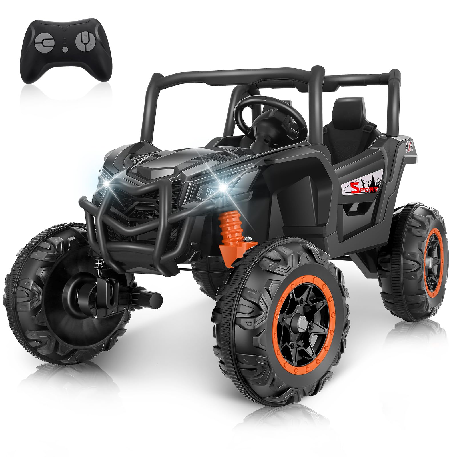 Hikole 2 Seater Ride on Car Truck for Kids, 24V Ride On Toys for Big Kids w/Remote Control, 20 Inch Wide Seat, LED Lights, Bluetooth, 3 Speeds, 4X4 Power Vehicles Wheels for Kids 4-8-Black