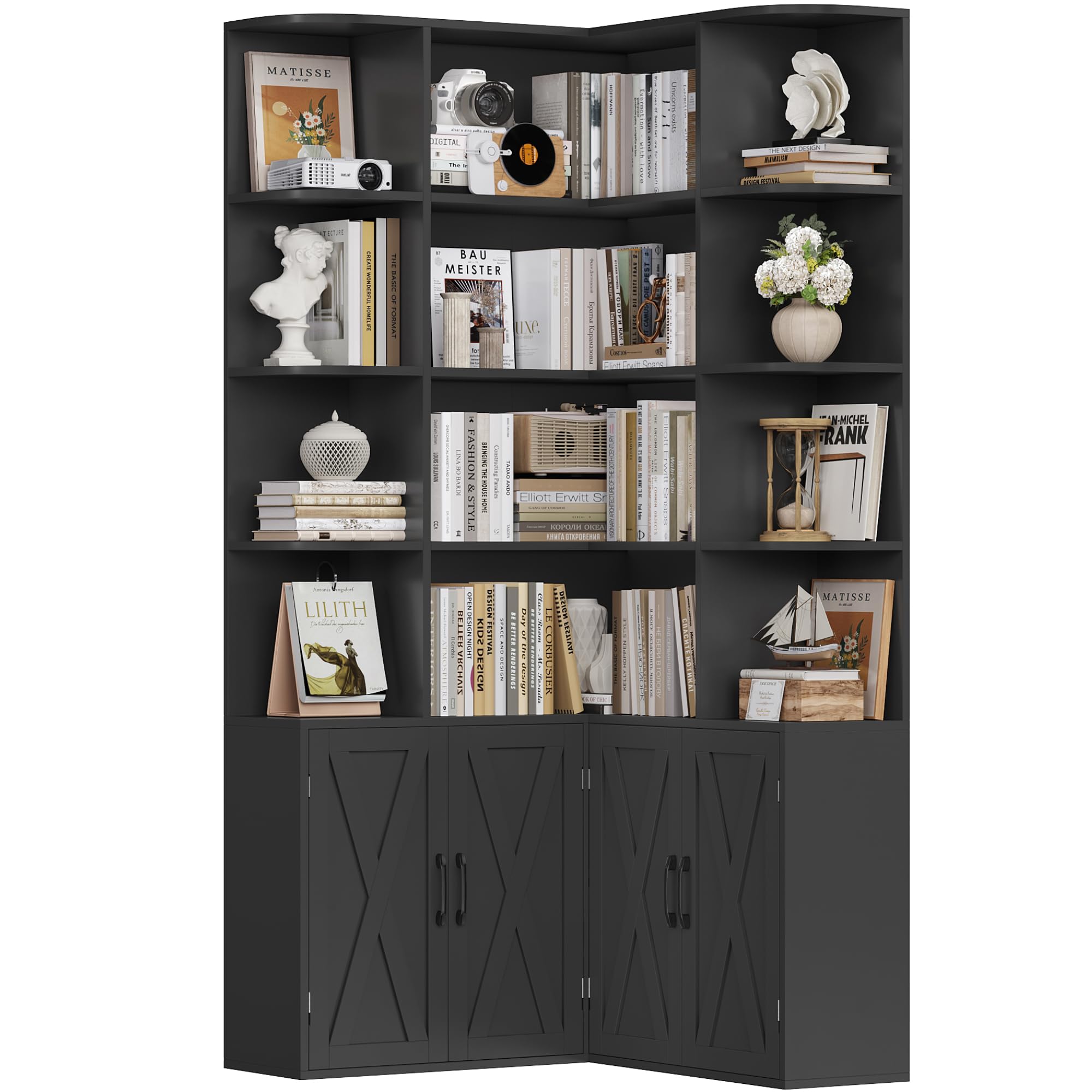 FirFurd 187cm Bücherregal mit Türen, Eckregal mit 12 Fächern L-förmiger | Bücherschrank mit Türen, Bücherregal, Hochschrank Regal für Wohnzimmer, Büro, Arbeitszimmer, 187x80x80cm