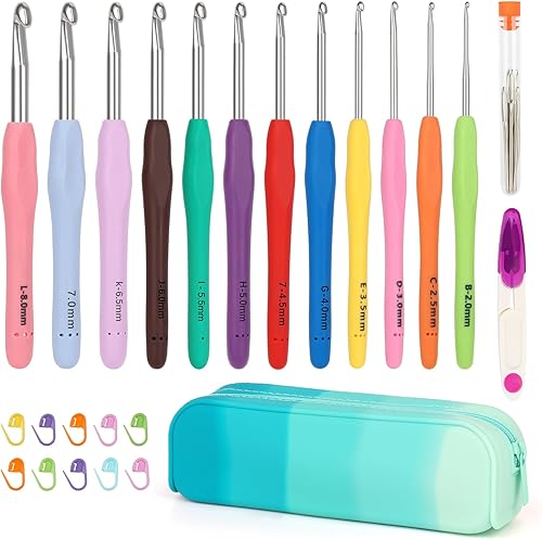 Miniatura 12 de Coopay Ganchos de ganchillo ergonómicos de agarre suave, juego de ganchillo de metal de 0.079 a 0.236 pulgadas para principiantes, kit de 19 ganchos