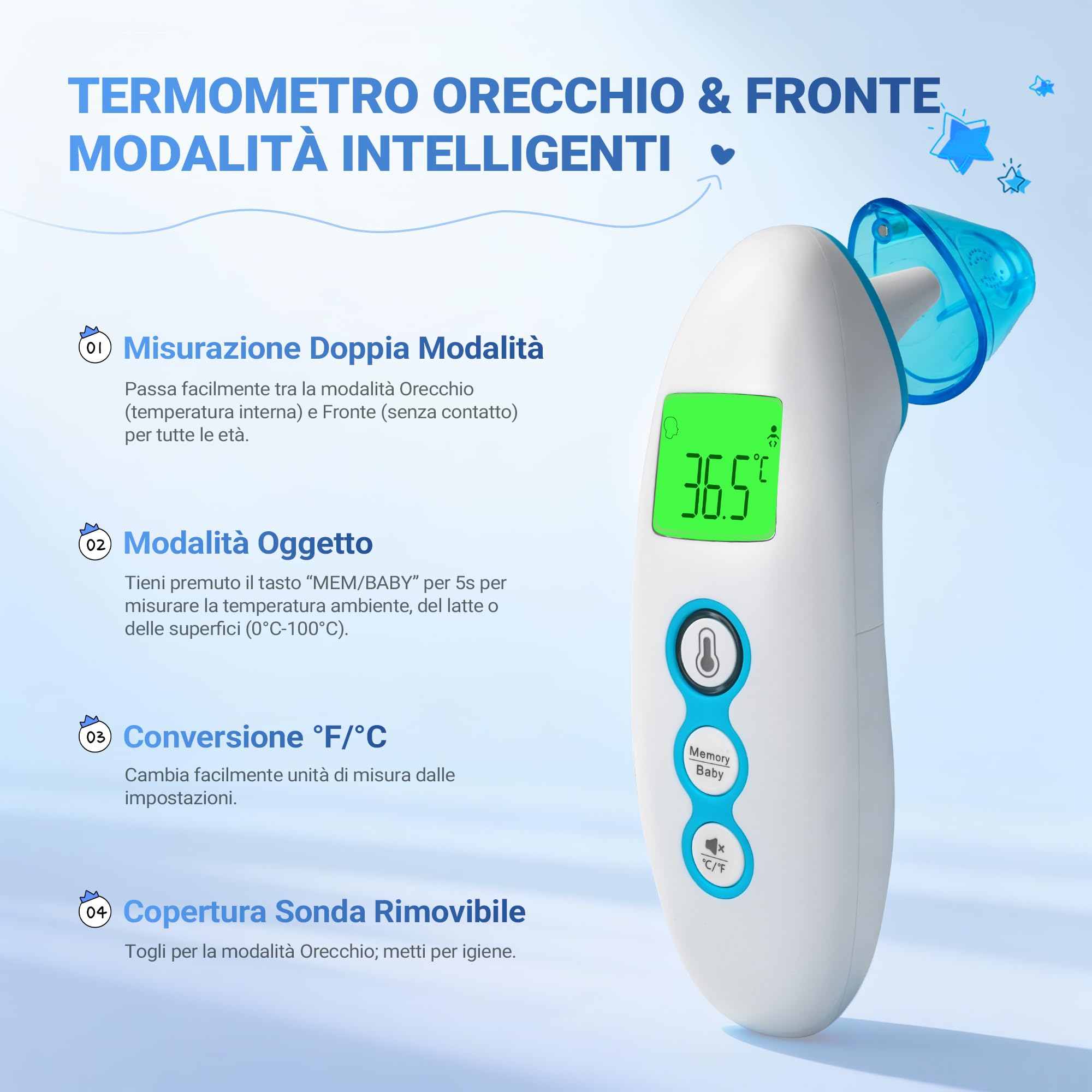 BESTEK Termometro Febbre Doppia Modalità (Frontale/Auricolare),Termometro Neonato per Oggetti, Termometro Digitale Ambiente e con Funzione Neonato 0-36 Mesi
