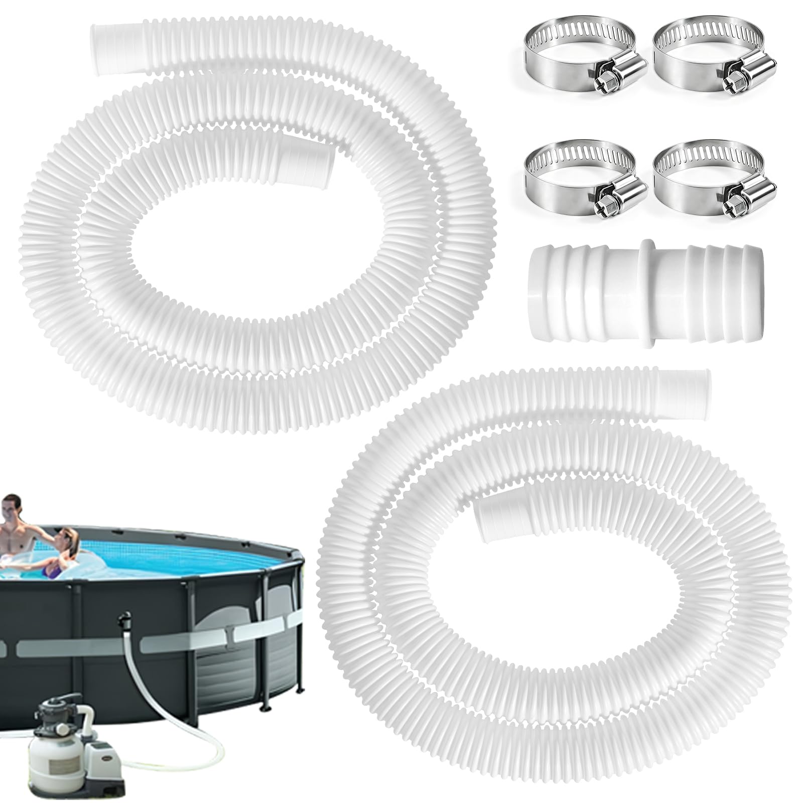 2Pcs 32mm Swimming Pool Hose with 4 Steel Clips Connector Kit, Flexi Replacement Pools Filter Pipes 1.5 Metre Long Leak-Proof Pump Tube, Above Ground Water Pipe PVC Spare Hoses Fittings