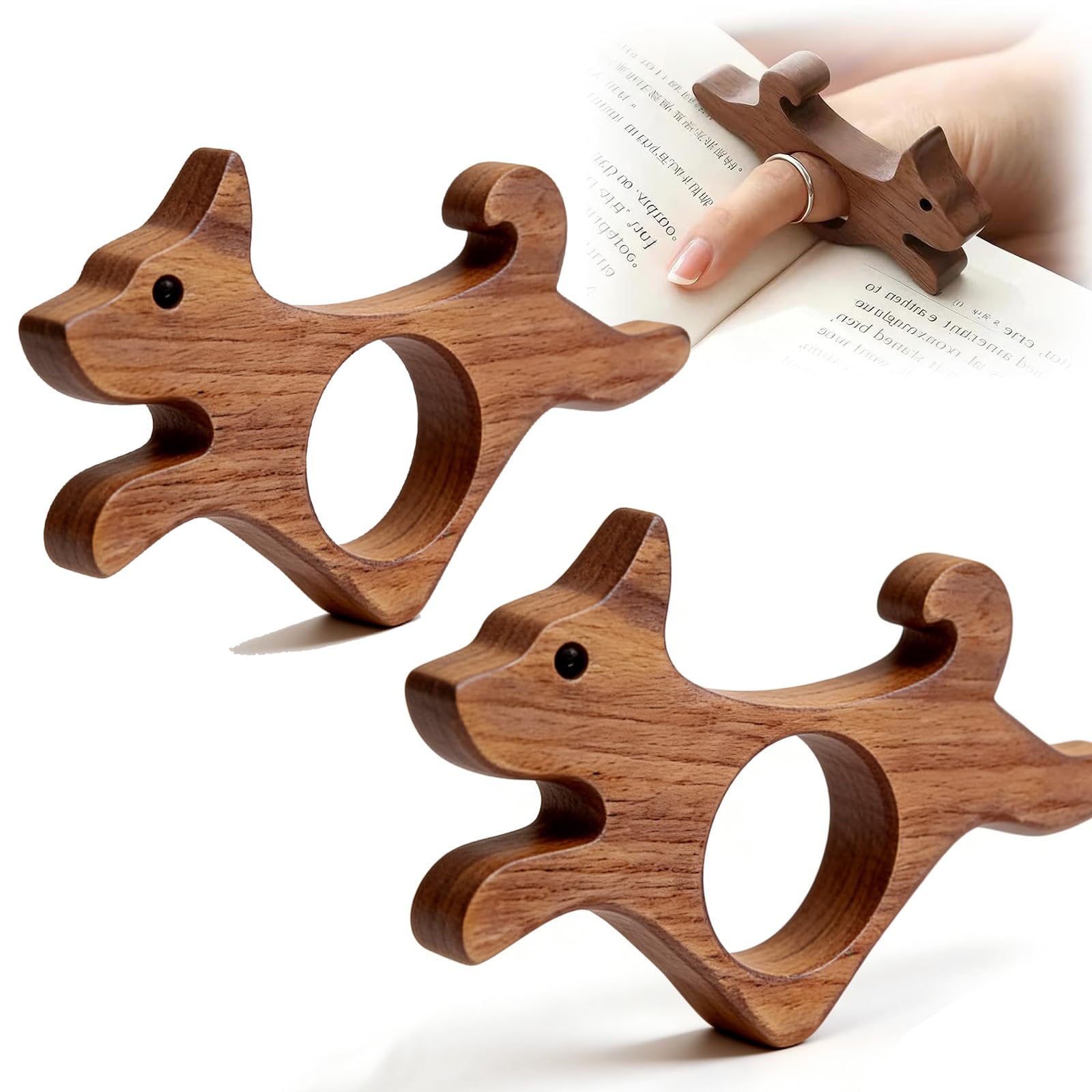 2 PCS Thumb Book Page Holder, Wooden Page Holder with Dog Design, Ergonomic Finger Shape Page Clip for Readers, 7 x 4.4 cm, Ideal for Book Lovers and Reading Enthusiasts