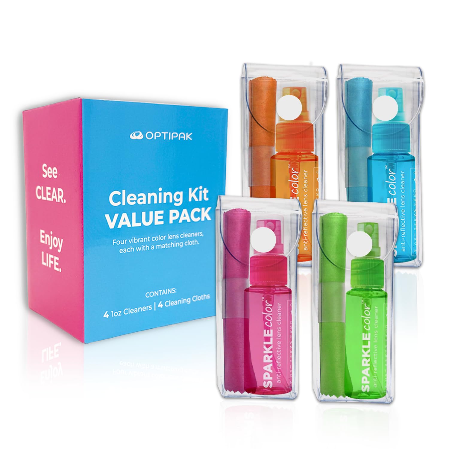 Kit de spray limpiador de lentes de vinilo con (4 botellas limpiadoras de gafas de 1 onza + 4 paños de microfibra para gafas, gafas de sol, pantallas y kit de limpieza de cámara (colores