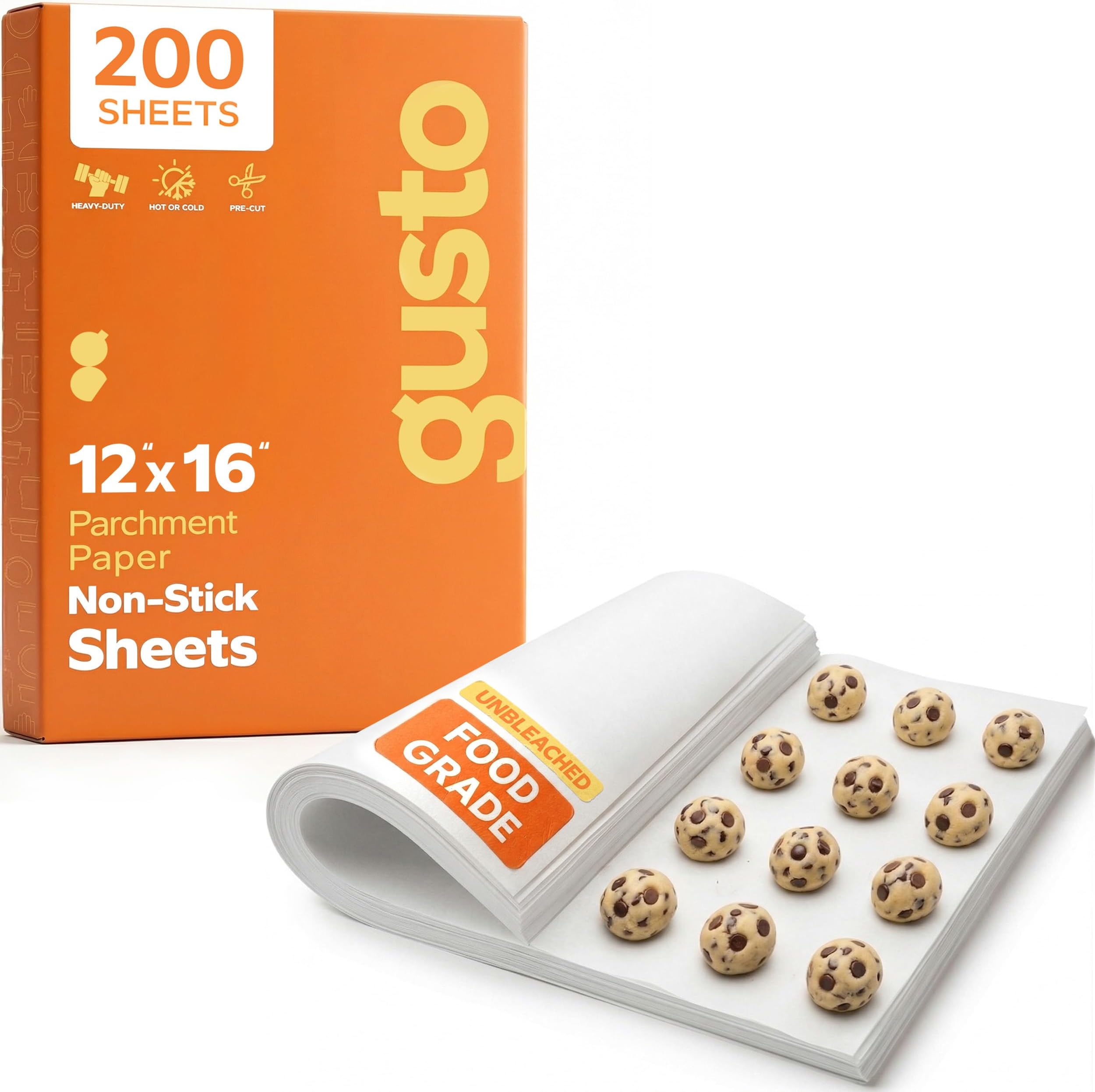 GUSTO [12 x 16 Inch - 200 Count] Pre-Cut Parchment Paper Baking Sheets, Non-Stick, Unbleached, Parchment Paper Sheets for Baking & Cooking - White (Formerly Comfy Package)