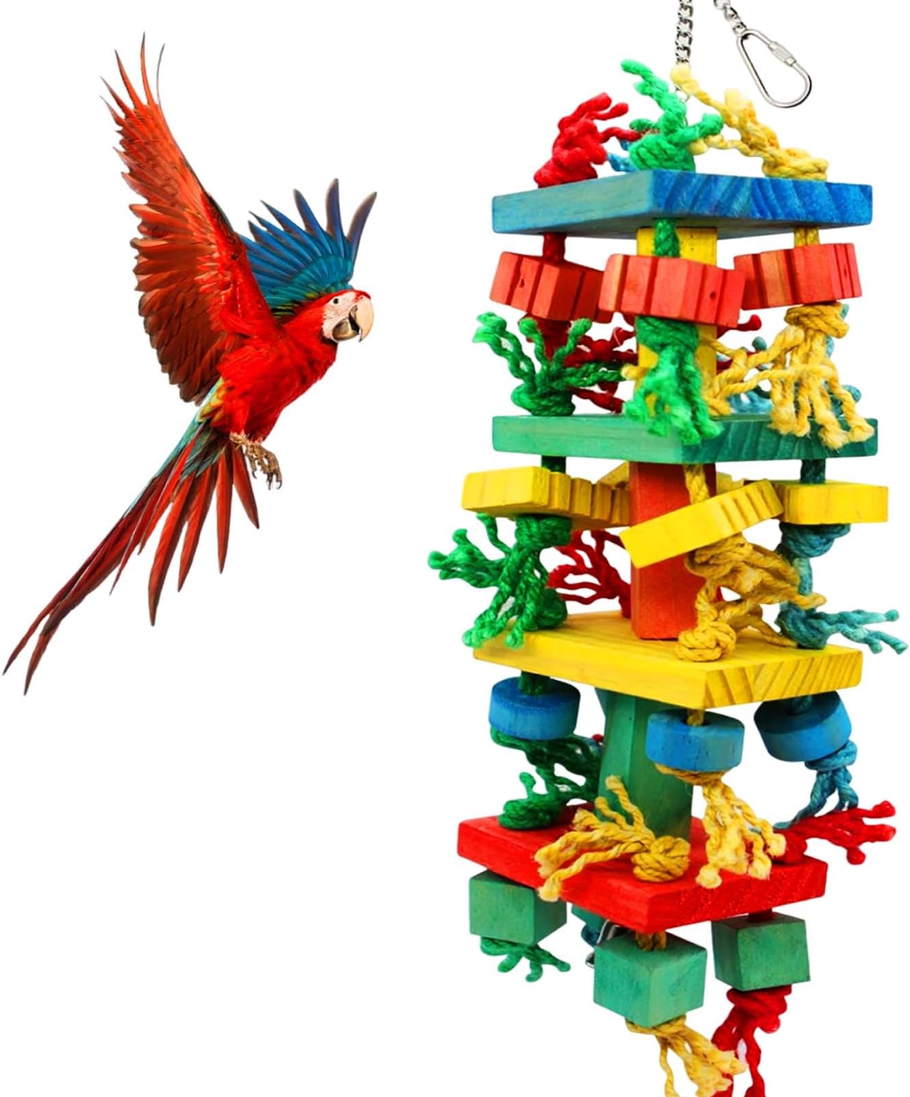 Chewing Large Parrot Toys,Bird Toys for Cockatoos African Grey Macaws and Amazon Parrots, Multicolored Natural Wooden Block Toy for Climbing, Chewing, Unraveling and Preening(21.3" X 5.1")