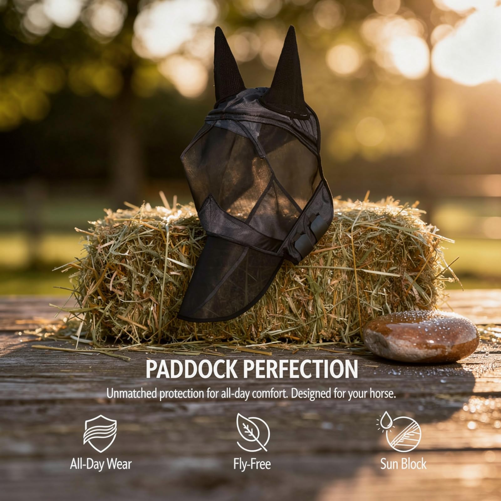 Pferde-Fliegenmaske mit Ohren, schwarzes Design, atmungsaktives Mesh, robuster Oxfordstoff, sicherer Sitz, Abdeckung von Ohr bis Nase, Gesichtsumfang, für Outdoor-Reiten