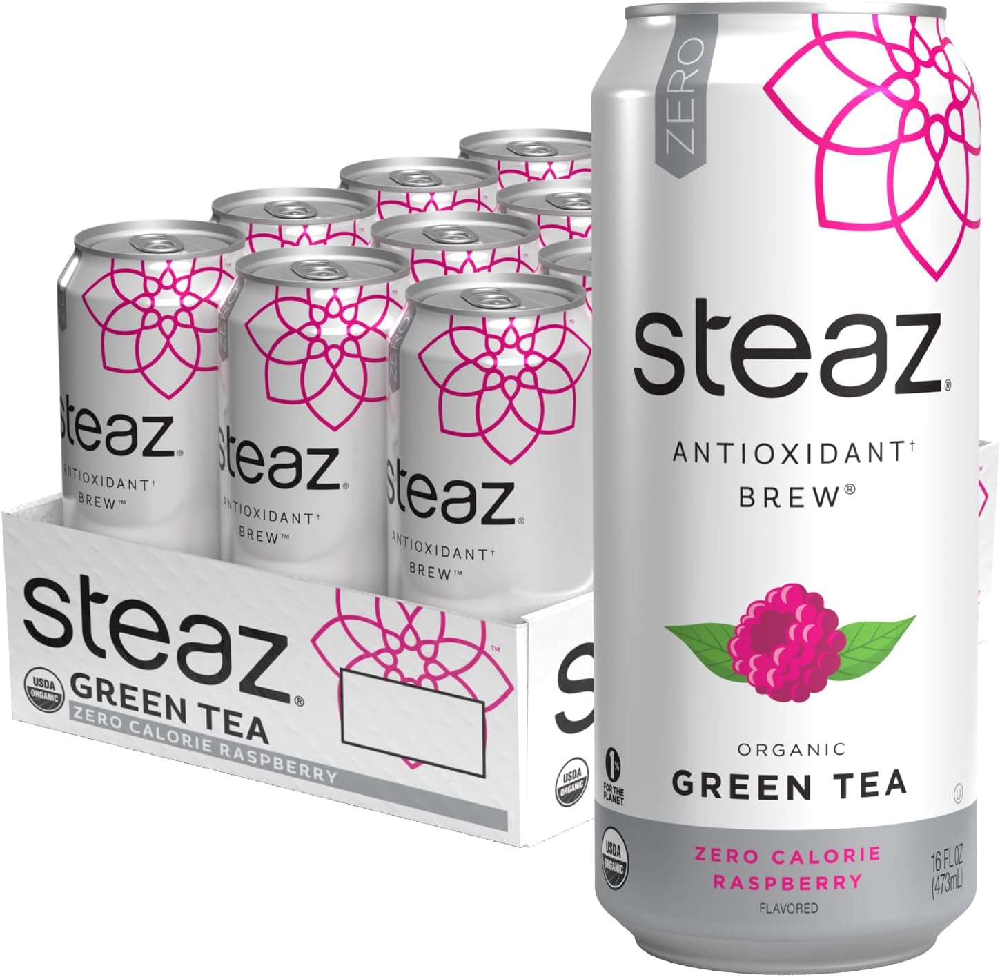 Steaz - Organic Green Tea - Zero Calorie Raspberry (12 Pack) - Antioxidant Brew - 65mg Natural Caffeine, Vitamin C - Stevia Sweetened Iced Tea - Vegan, Fair Trade - 12 Cans, 16 fl oz (473mL)