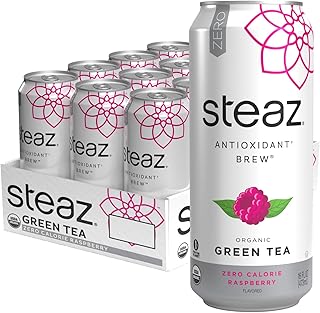 Steaz - Organic Green Tea - Zero Calorie Raspberry (12 Pack) - Antioxidant Brew - 65mg Natural Caffeine, Vitamin C - Stevia Sweetened Iced Tea - Vegan, Fair Trade - 12 Cans, 16 fl oz (473mL)