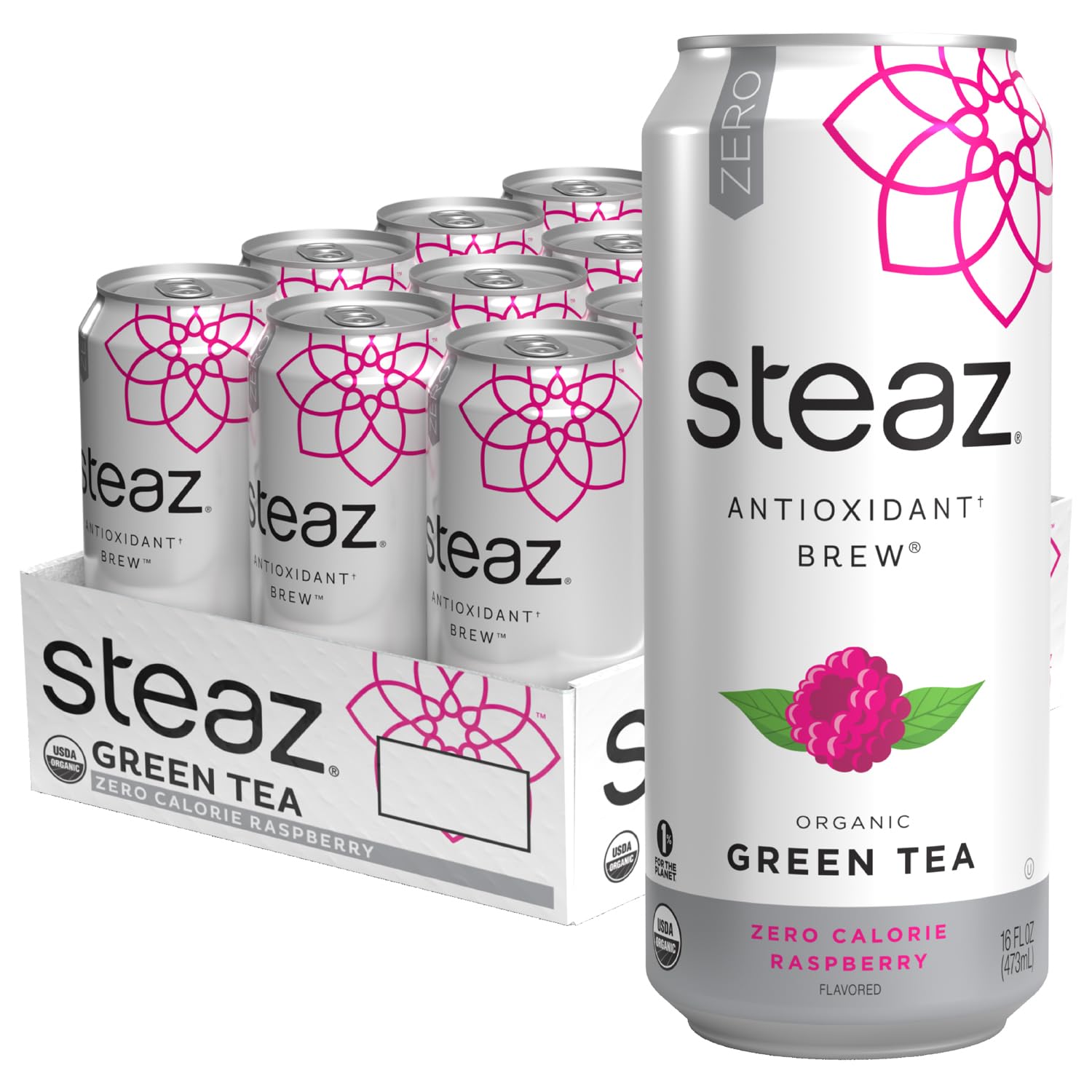 Steaz - Organic Green Tea - Peach Flavored (12 Pack) - Antioxidant Brew - 65mg Natural Caffeine, 90 Calories, Vitamin C - Cane Sugar Sweetened Iced Tea - Vegan, Fair Trade - 12 Cans, 16 fl oz (473mL)