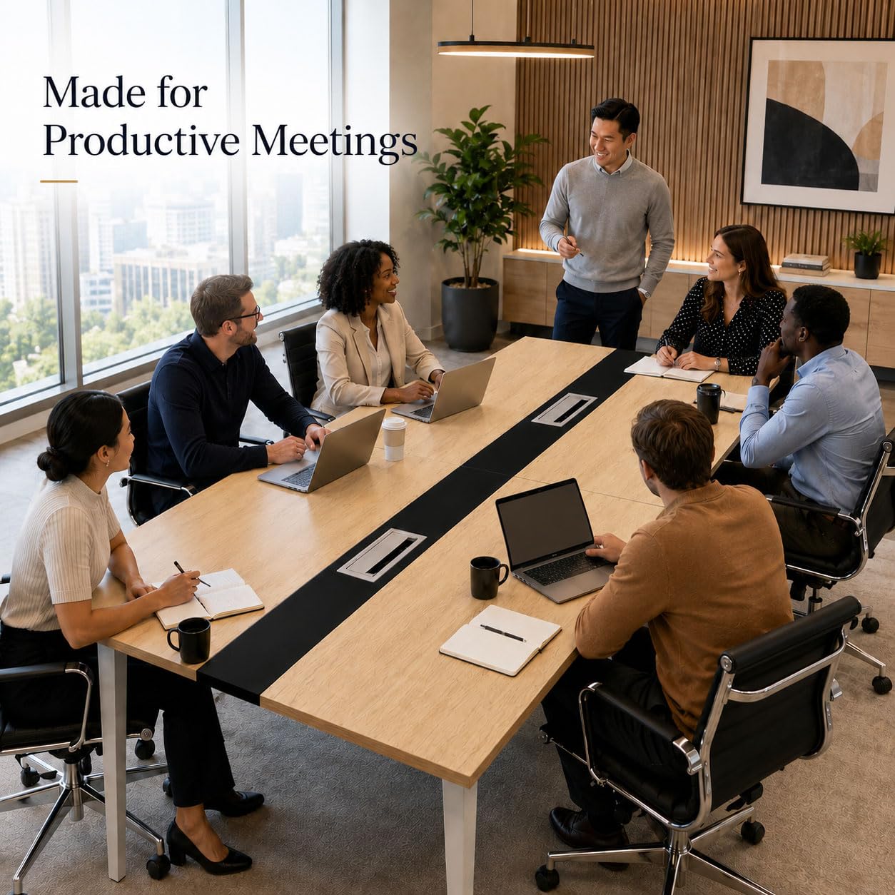 Mesa de Conferencias 8ft para 6-10 Personas, Mesa de Reuniones Grande con Pasacables, Escritorio Grande Rectangular con Estructura de Metal para Oficina y Sala de Ju Natural Wood + Black 240x120x74cm