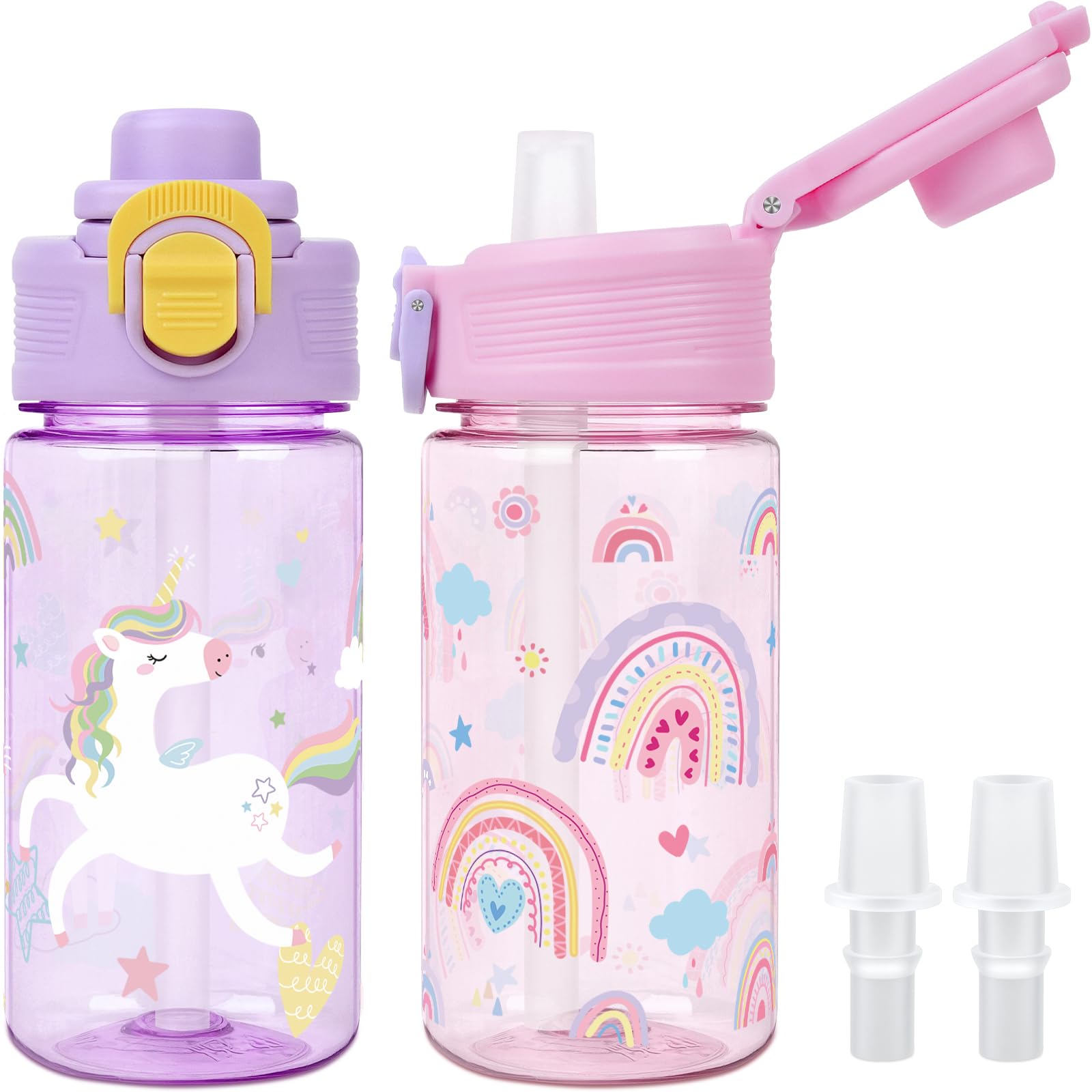 wooshwa Kids Water Bottle for School, 2-Pack 380ml Leakproof Straw Water Bottle with 2 Silicone Spout Replacements, Dishwasher Safe (Purple Unicorn/Rainbow)