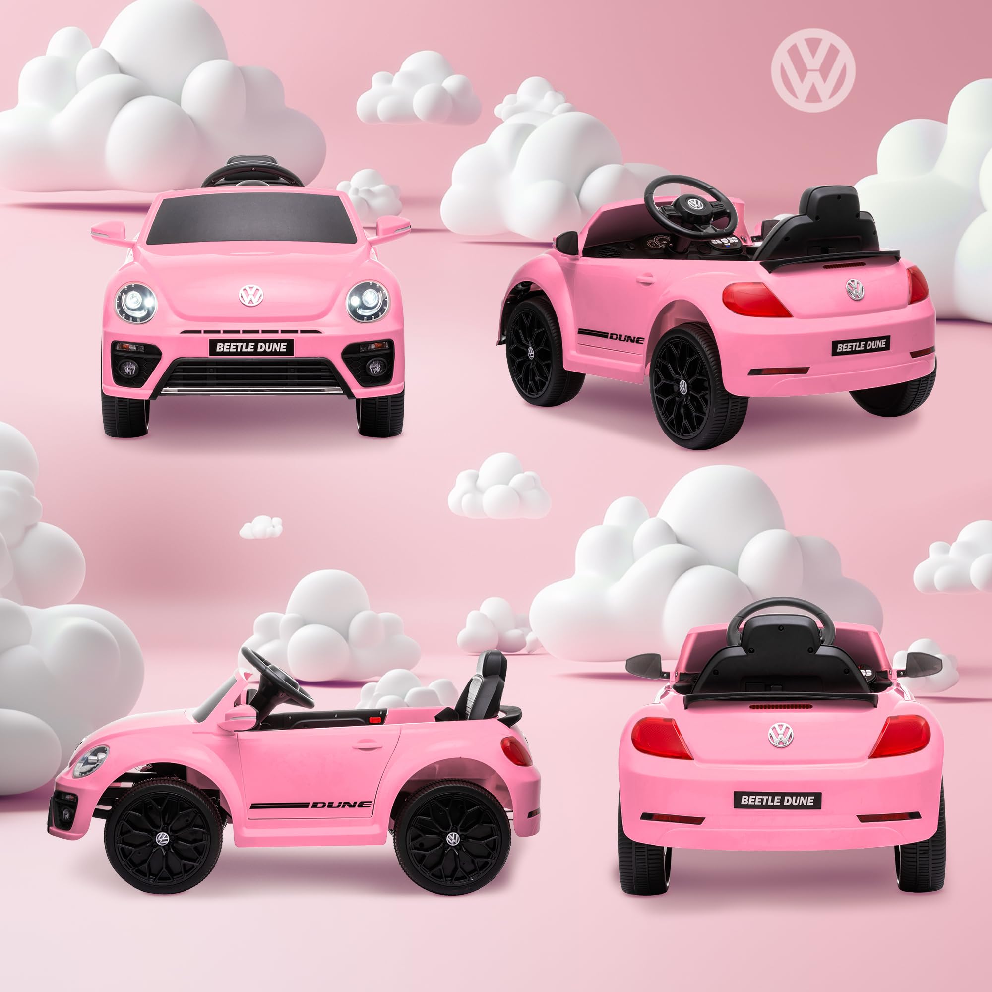 AIYAPLAY Coche Eléctrico para Niños de +3 Años Volkswagen Beetle 12V Rosa | Carro Eléctrico Infantil, Mando a Distancia, Faros, Bocina y Música
