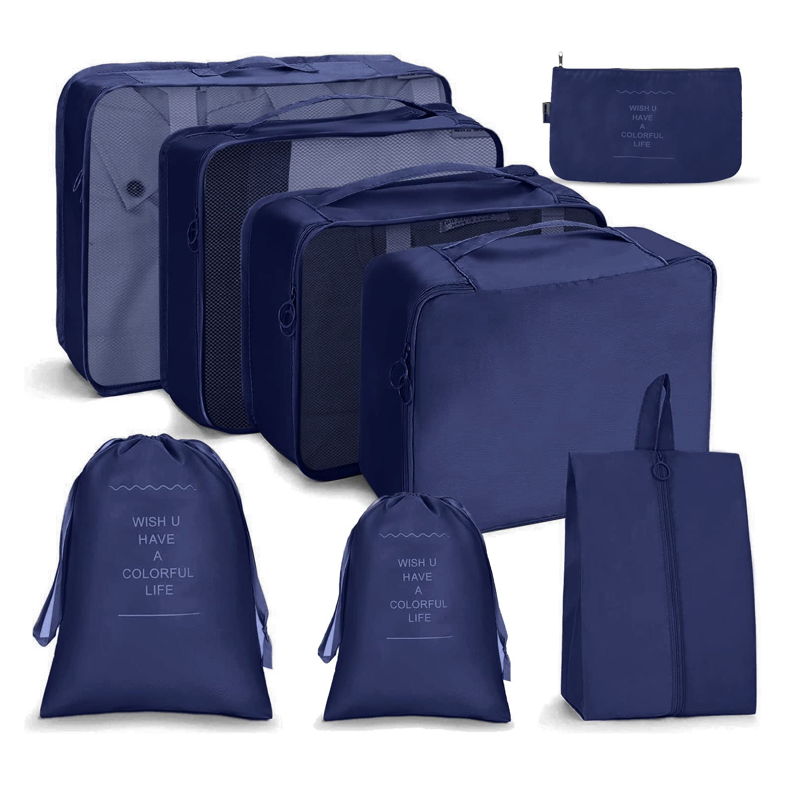 OSDUE Koffer Organizer Set 8-teilig, Packing Cubes, Wasserdichte Reise Kleidertaschen, Packtaschen für koffer, Verpackungswürfel mit Kosmetiktasche, Schuhbeutel, USB Kabel Tasche