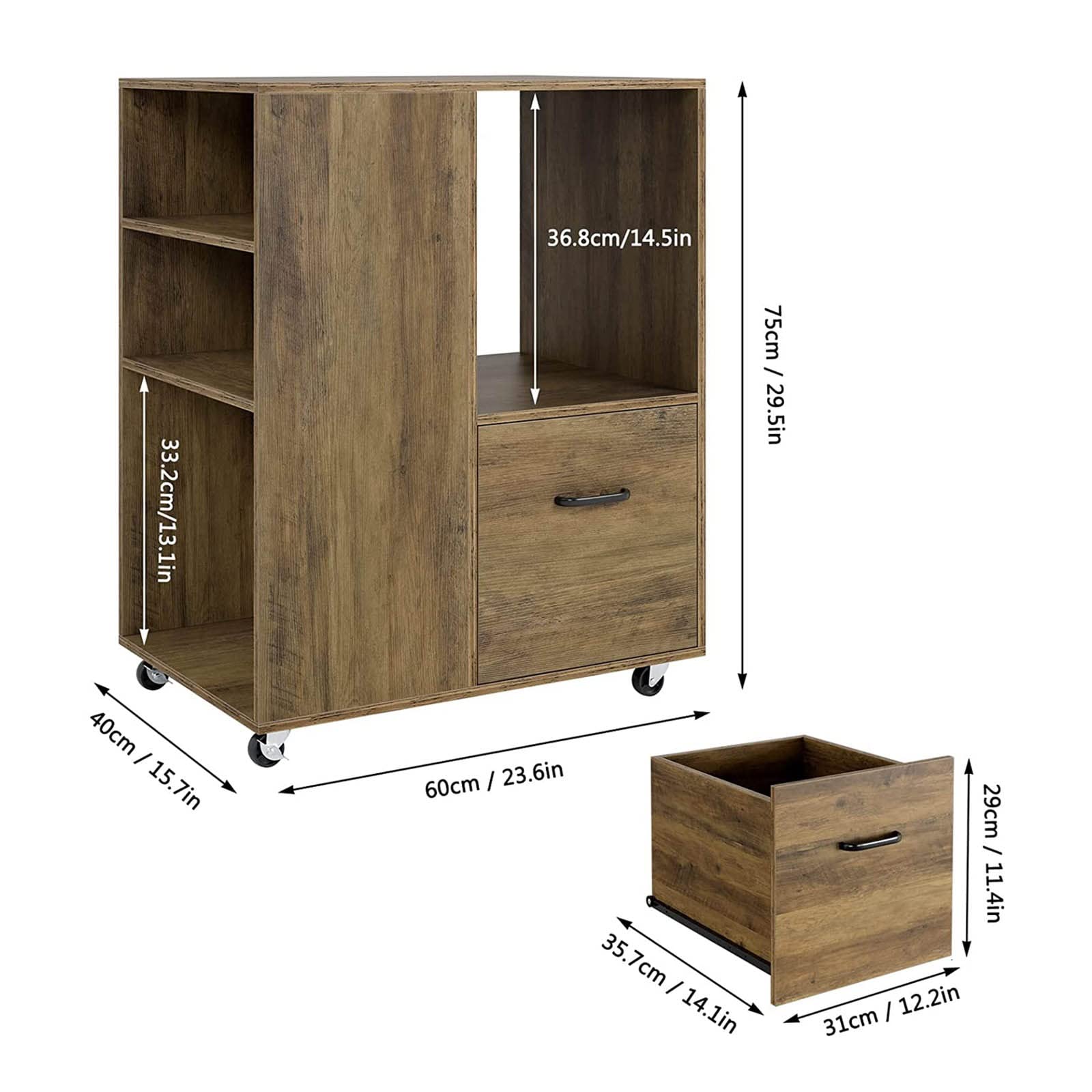 Soporte para impresora rodante con gabinete de oficina con ruedas y estantes abiertos, ideal para documentos y archivos