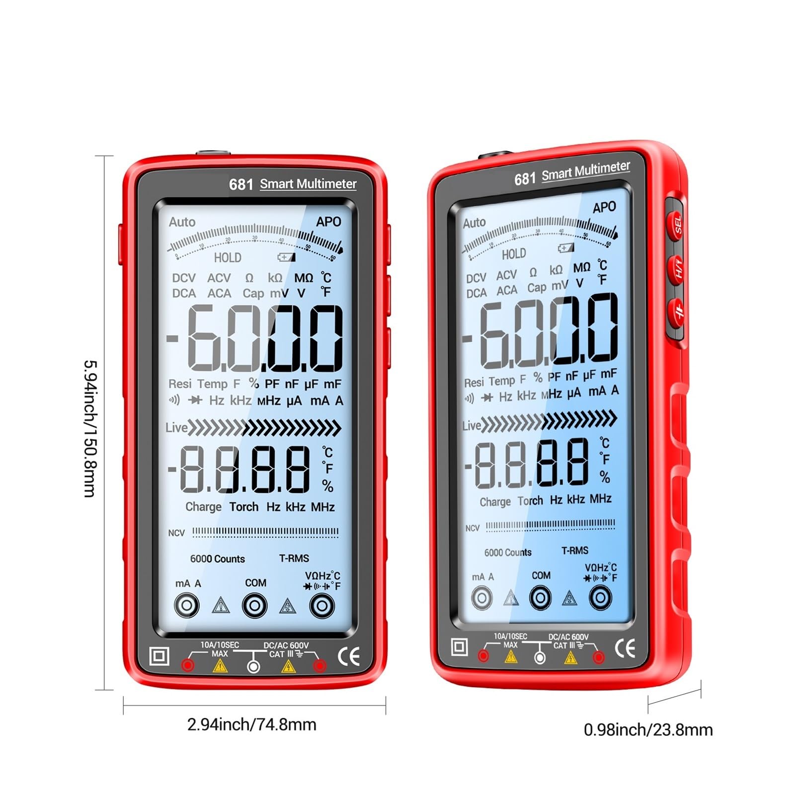 Multimetr Cyfrowy 6000 Zliczeń Smart Anti-burn Recharg Uniwersalny Miernik Tester NCV 5-calowa Podświetlana Latarka LCD(683 Red)