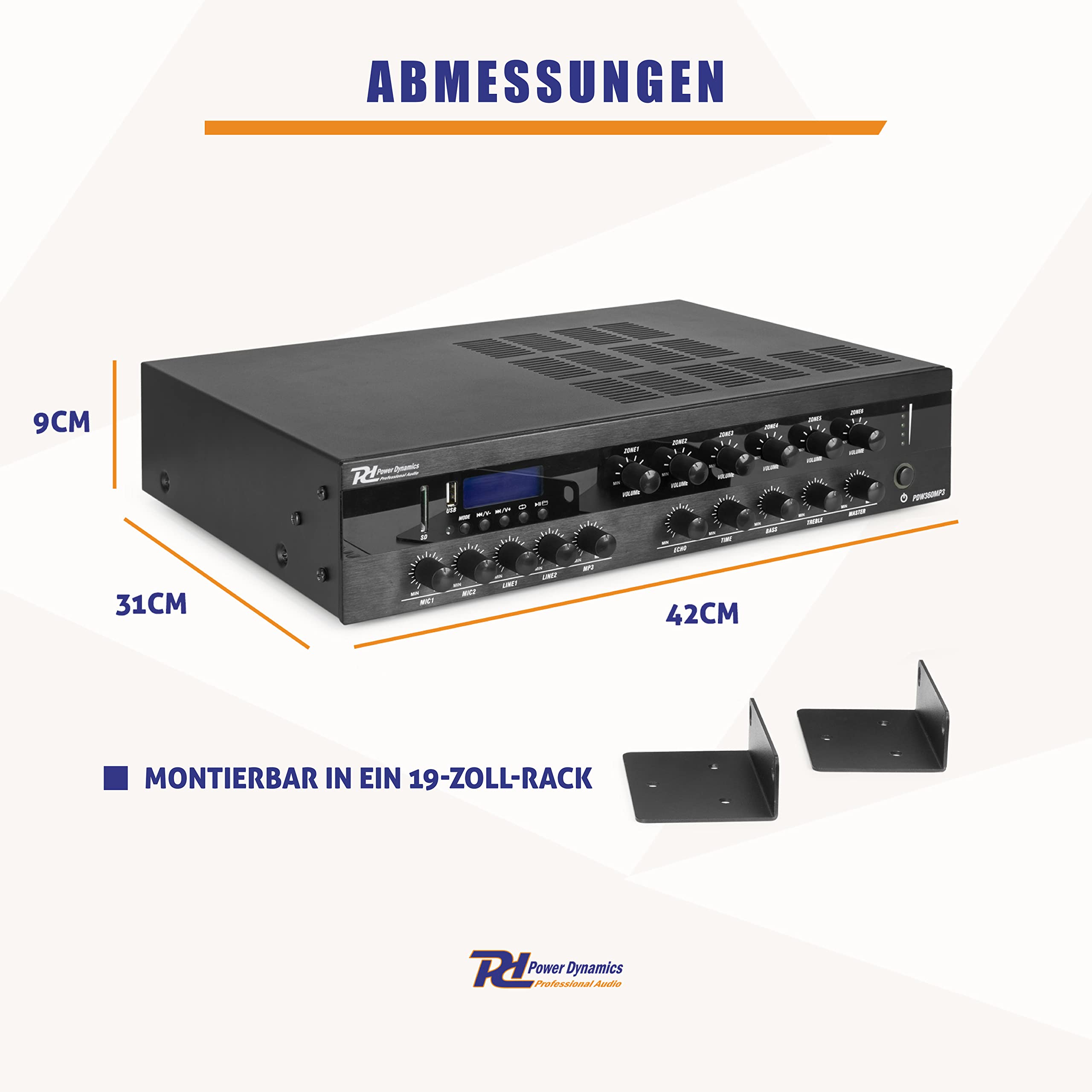 Power Dynamics PDW500MP3 - Verstärker, PA Mixer, 6-Zonen-Verstärker, 500 Watt, Bluetooth, MP3, für 100V- Soundsysteme, RCA-Inputs, MIC-IN, 3-Band EQ, Mehrzonen Endstufe