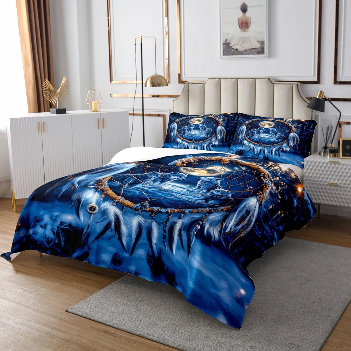 Castle Fairy Dream Catcher Bedspread King Size Jungle Wild Wolf Coverlet Set Kids Room Present Winter Snowy Woodland Bedroom Decor Bedding Set Western Country Style Bedding with 2 Pillowcases