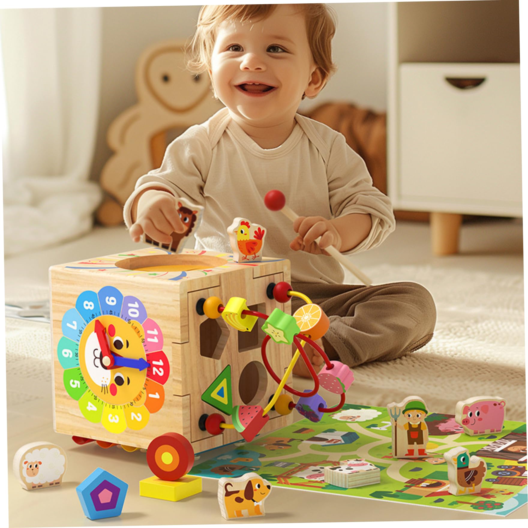 Cubo di attività in Legno Giocattoli 1 Set 6 in 1 Cubo di attività Multifunzionale per Bambini Giocattoli educativi e sensoriali per Bambini per Le Vacanze di Compleanno
