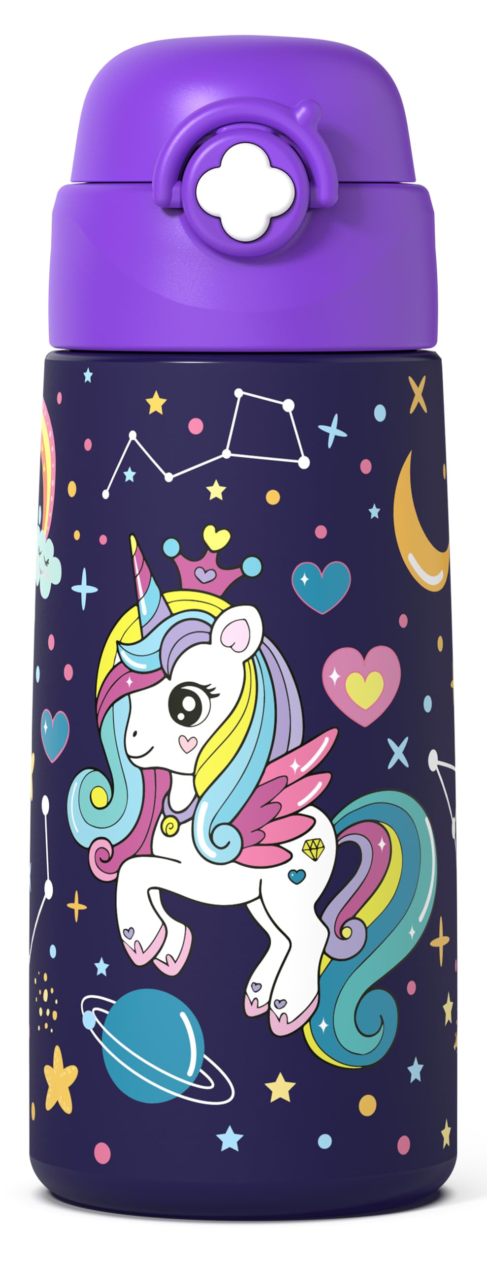 ntskood Girls Unicorn Violet Water Bottle for School,Kids 16 oz Insulated Stainless Steel Cup with Straw, Double-Wall Vacuum Leakproof