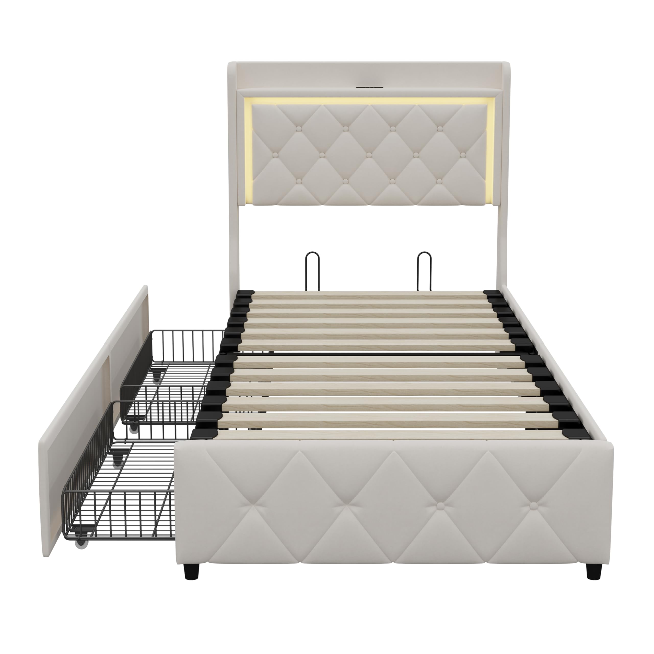 Kinderbett 90x200 cm mit 4 Schubladen, Einzelbett Polsterbett für 1 Kinder mit LED-Beleuchtung und USB, Jugendbett mit Stauraum, Kopfteil mit Stauraum, Flanell, Beige (Beige-d, 90x200 cm)